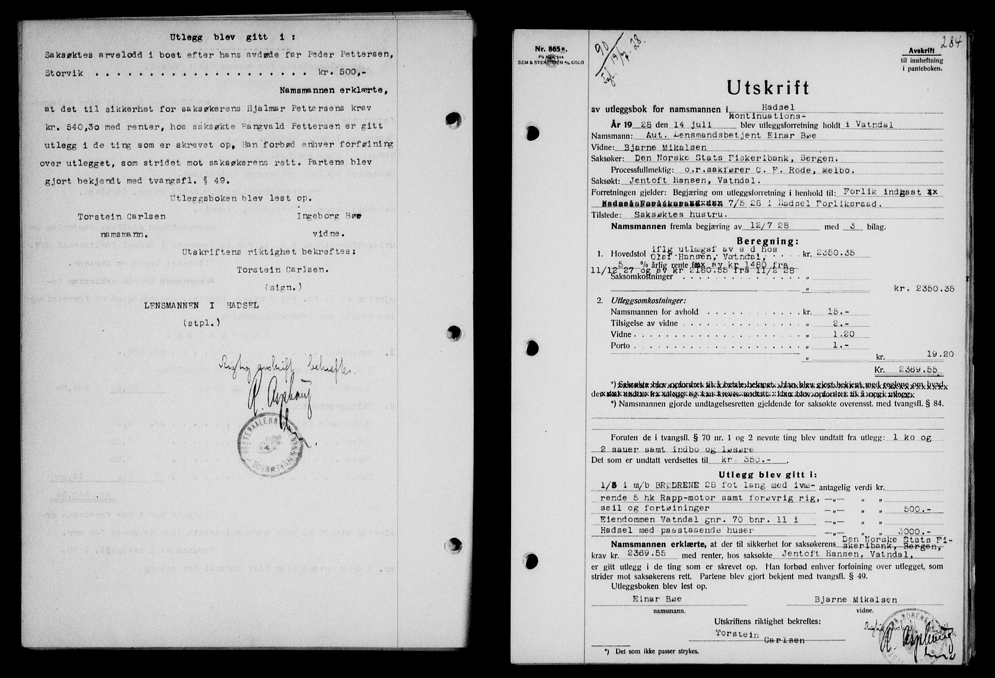 Vesterålen sorenskriveri, AV/SAT-A-4180/1/2/2Ca/L0046: Pantebok nr. 39, 1928-1928, Tingl.dato: 19.07.1928