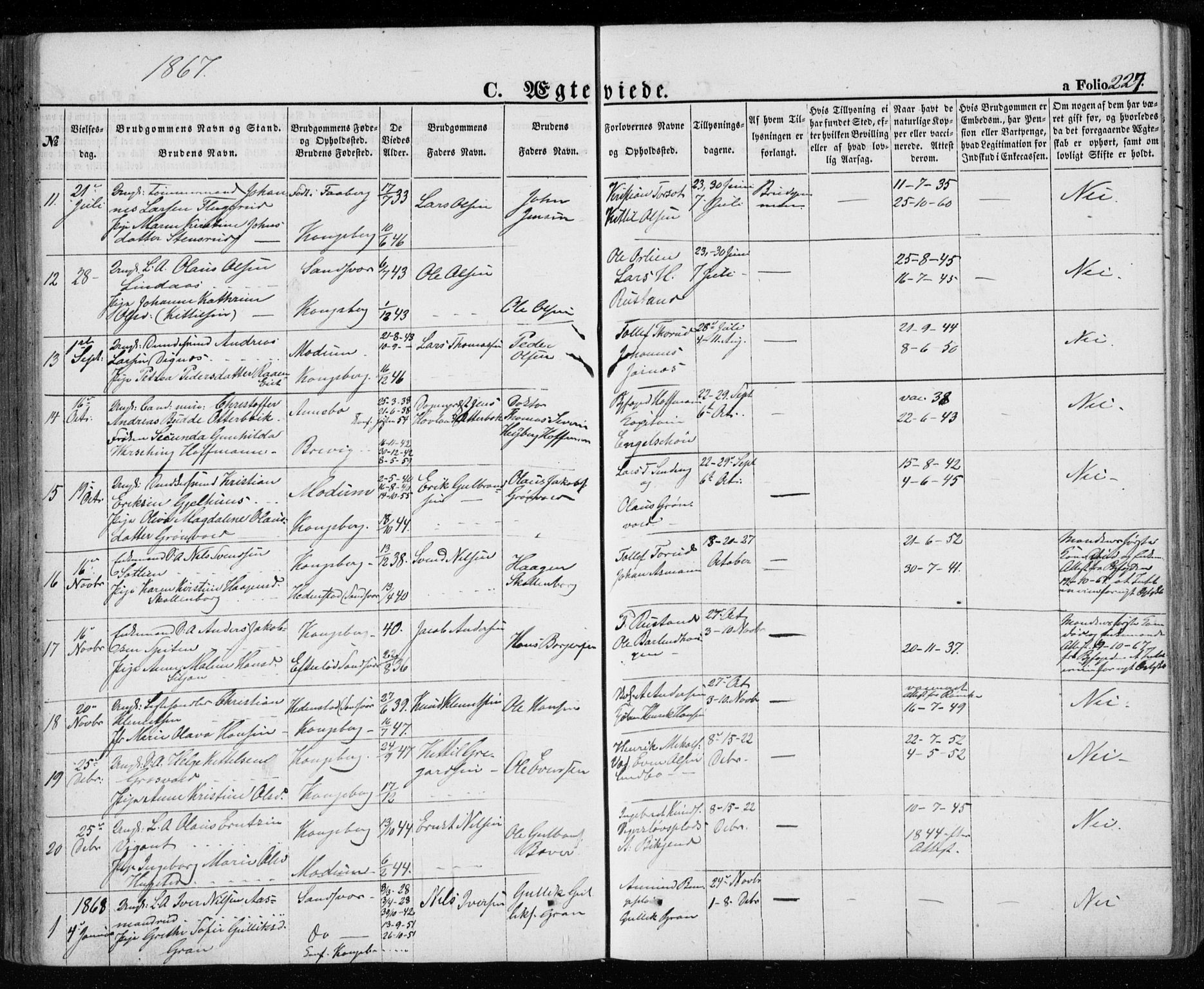 Kongsberg kirkebøker, AV/SAKO-A-22/G/Ga/L0003: Klokkerbok nr. 3, 1859-1875, s. 227