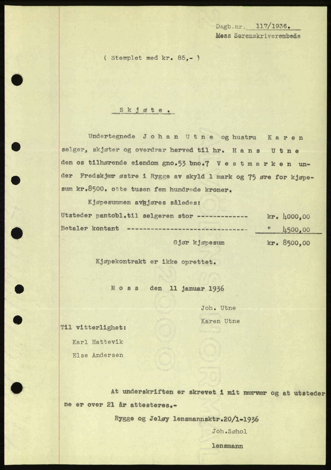 Moss sorenskriveri, SAO/A-10168: Pantebok nr. A1, 1936-1936, Dagboknr: 117/1936