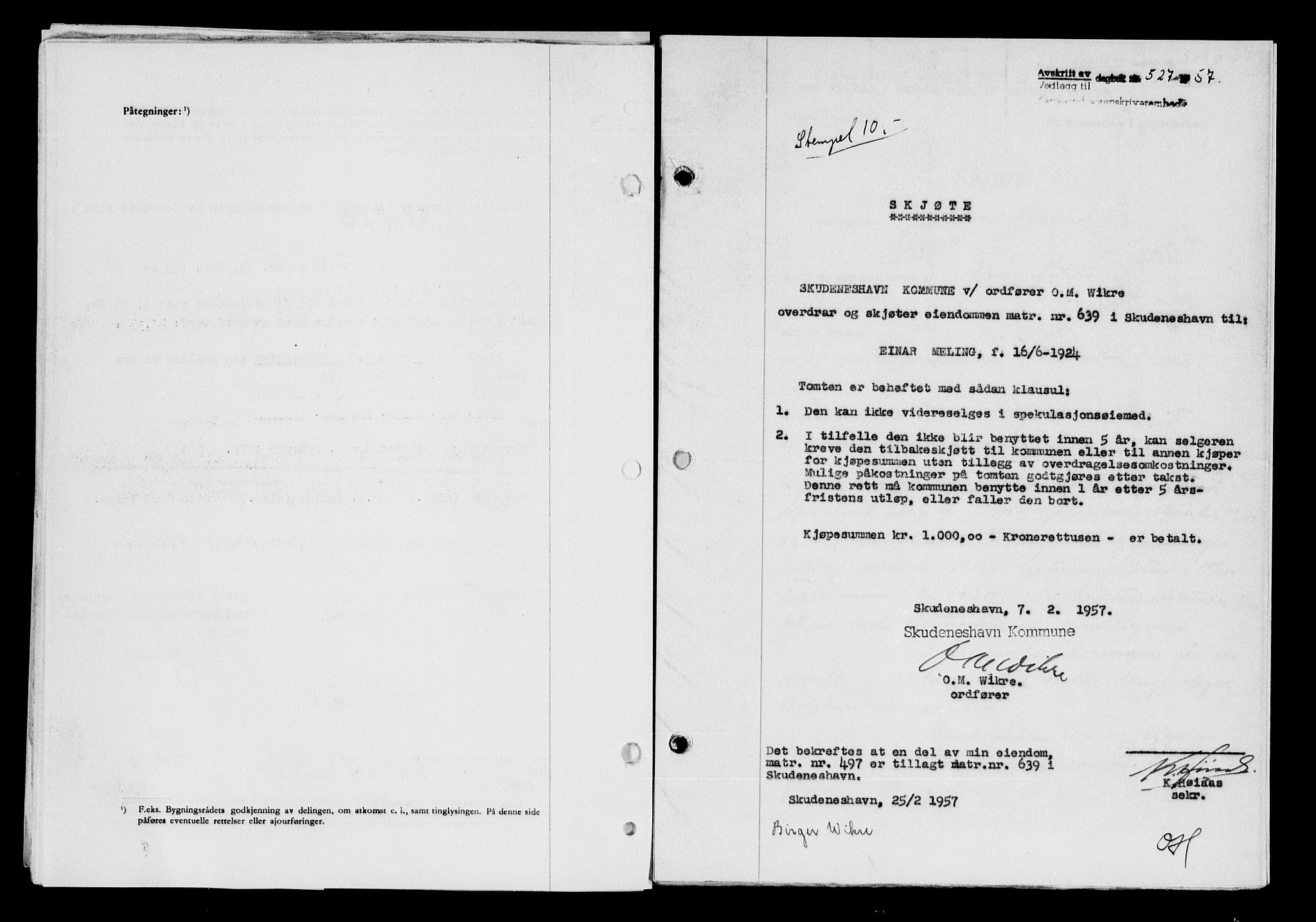 Karmsund sorenskriveri, SAST/A-100311/01/II/IIB/L0124: Pantebok nr. 104A, 1957-1957, Dagboknr: 527/1957