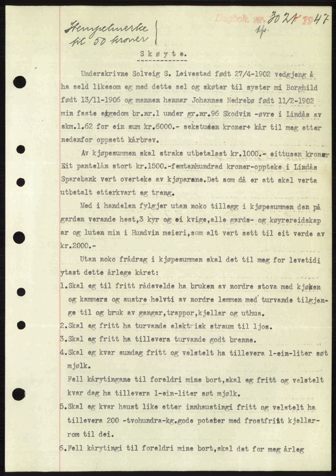 Nordhordland sorenskrivar, SAB/A-2901/1/G/Gb/Gbf/L0032: Pantebok nr. A32, 1947-1947, Dagboknr: 3021/1947