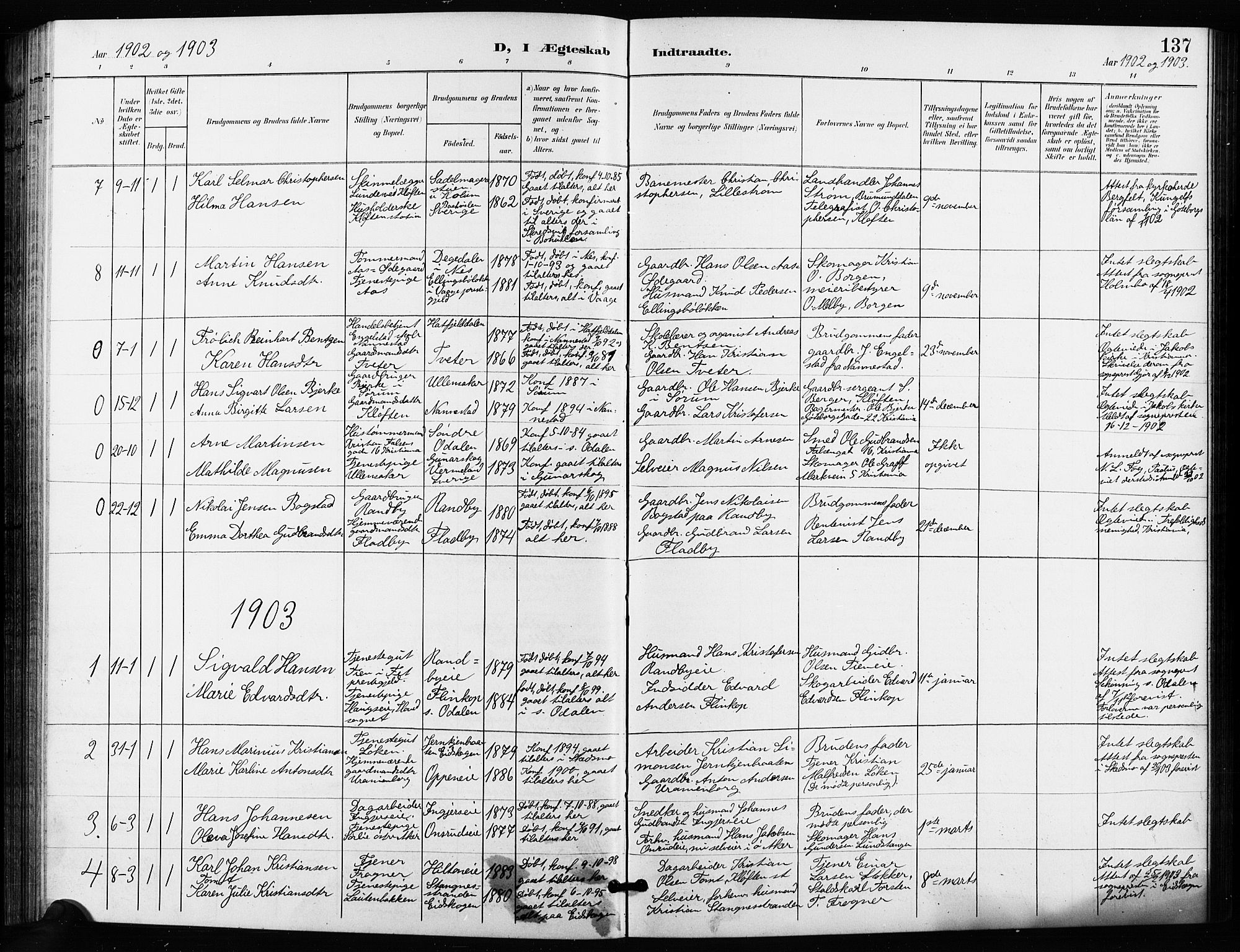 Ullensaker prestekontor Kirkebøker, AV/SAO-A-10236a/G/Ga/L0002: Klokkerbok nr. I 2, 1901-1913, s. 137