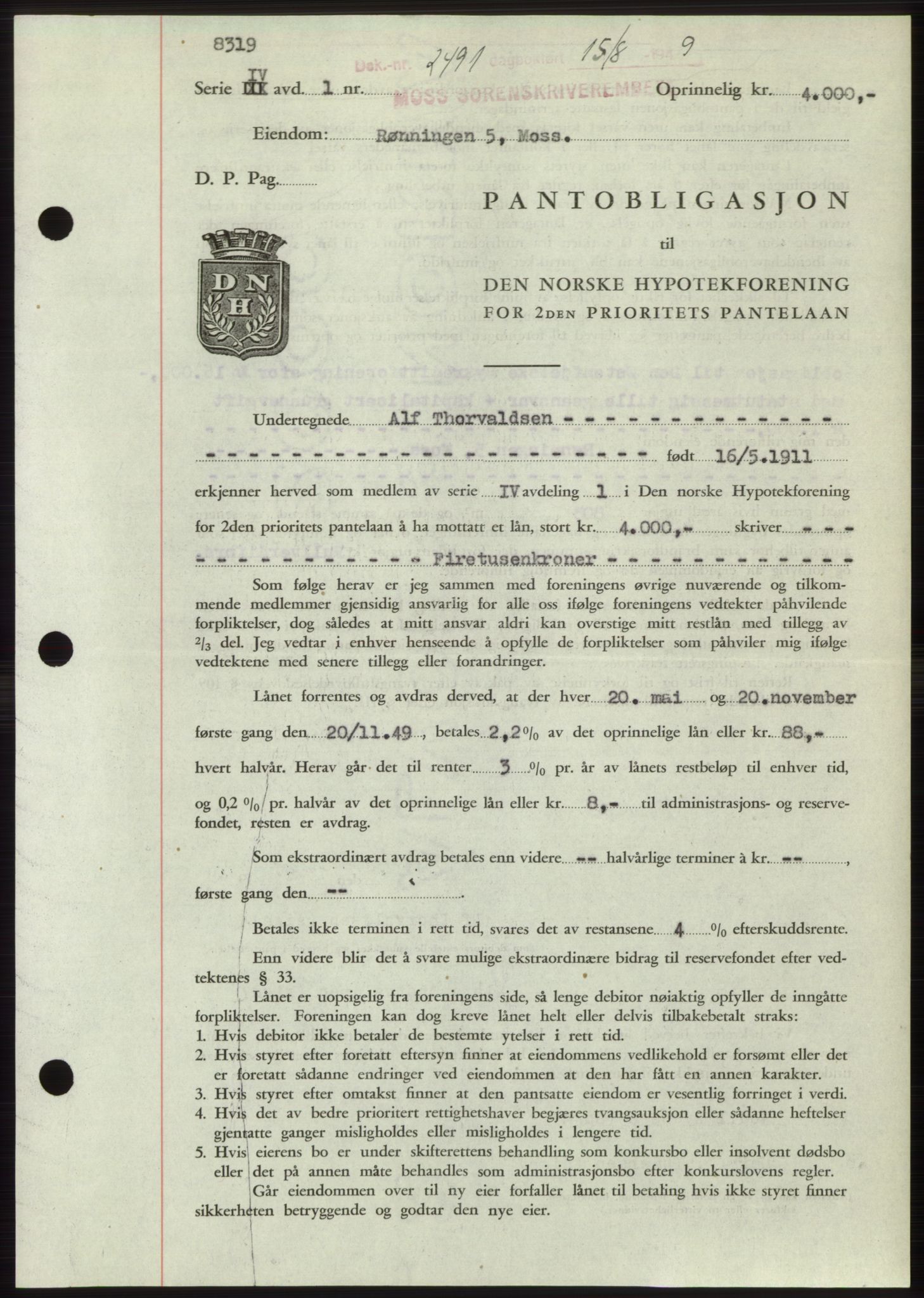 Moss sorenskriveri, SAO/A-10168: Pantebok nr. B22, 1949-1949, Dagboknr: 2491/1949