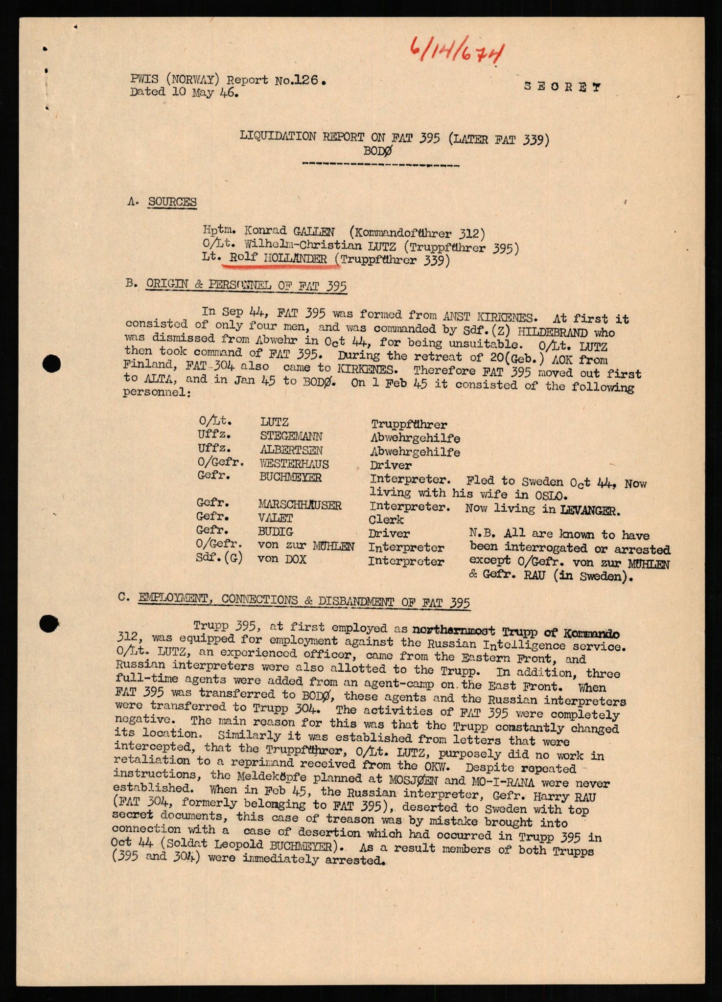 Forsvaret, Forsvarets overkommando II, AV/RA-RAFA-3915/D/Db/L0013: CI Questionaires. Tyske okkupasjonsstyrker i Norge. Tyskere., 1945-1946, s. 390