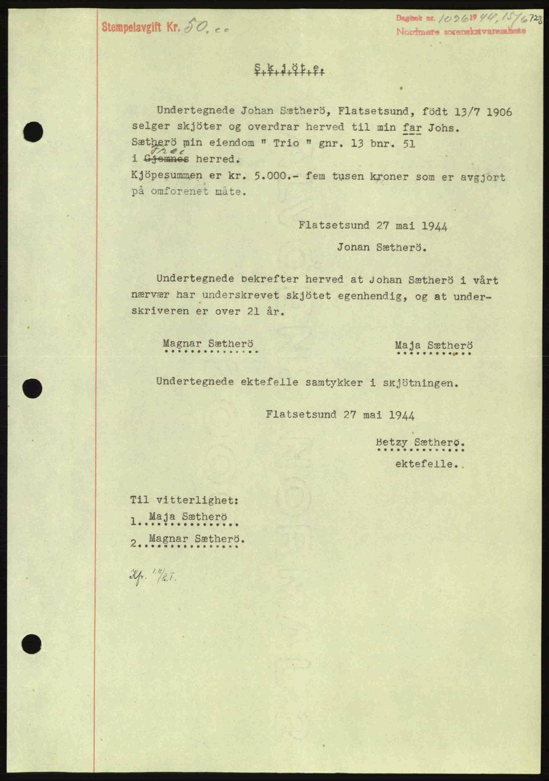 Nordmøre sorenskriveri, AV/SAT-A-4132/1/2/2Ca: Pantebok nr. A97, 1944-1944, Dagboknr: 1026/1944