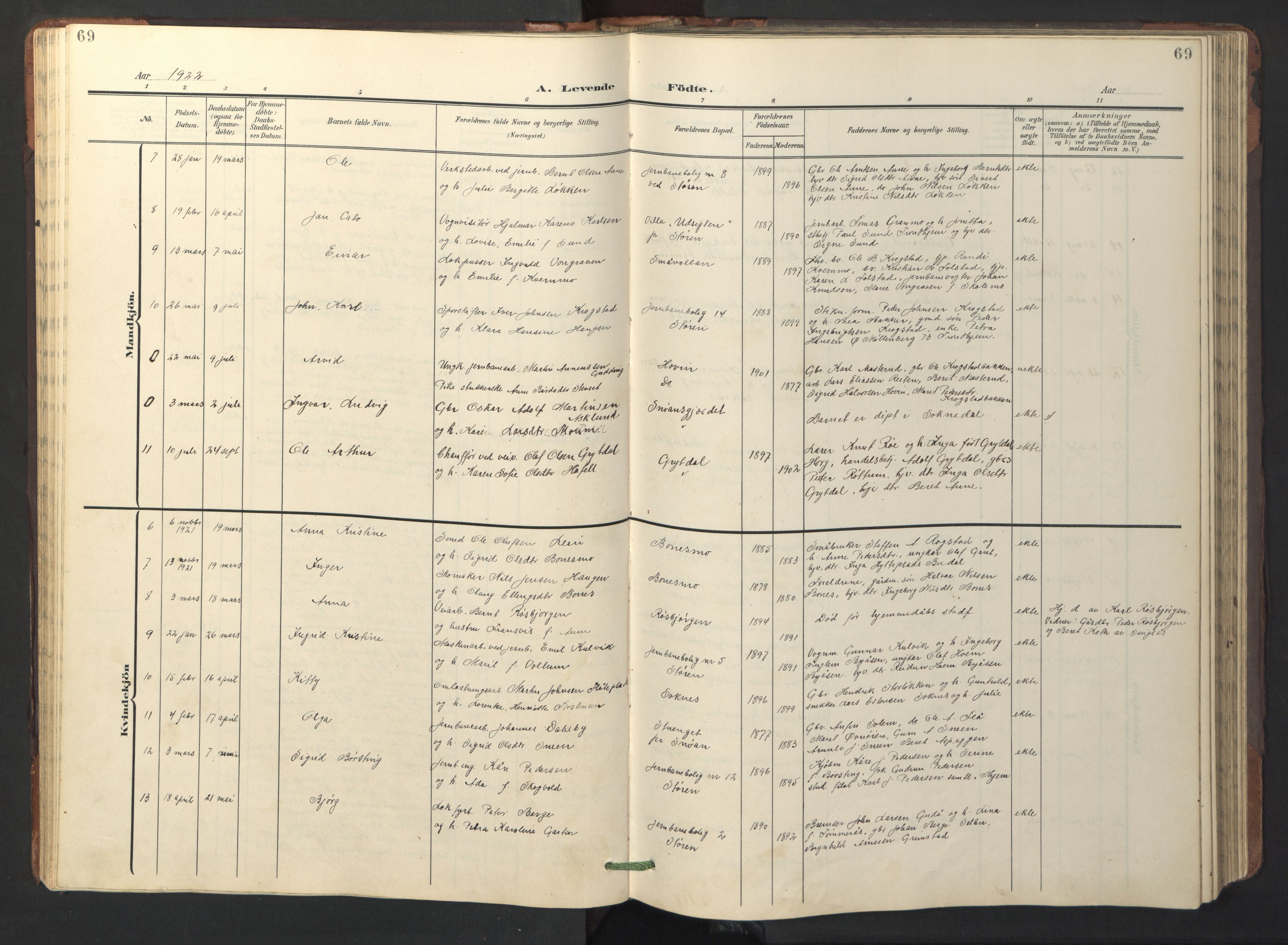 Ministerialprotokoller, klokkerbøker og fødselsregistre - Sør-Trøndelag, AV/SAT-A-1456/687/L1019: Klokkerbok nr. 687C03, 1904-1931, s. 69