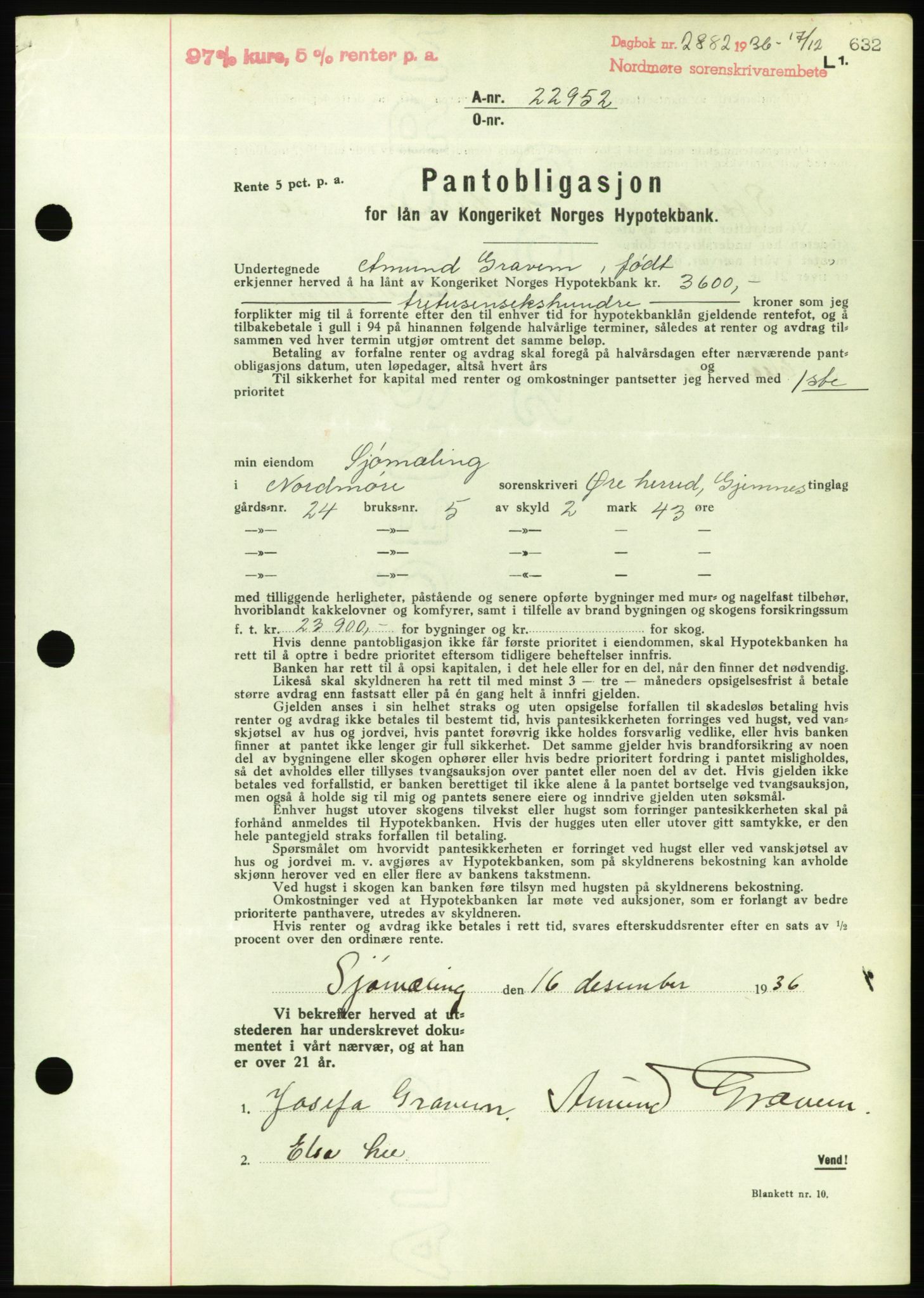 Nordmøre sorenskriveri, AV/SAT-A-4132/1/2/2Ca/L0090: Pantebok nr. B80, 1936-1937, Dagboknr: 2882/1936