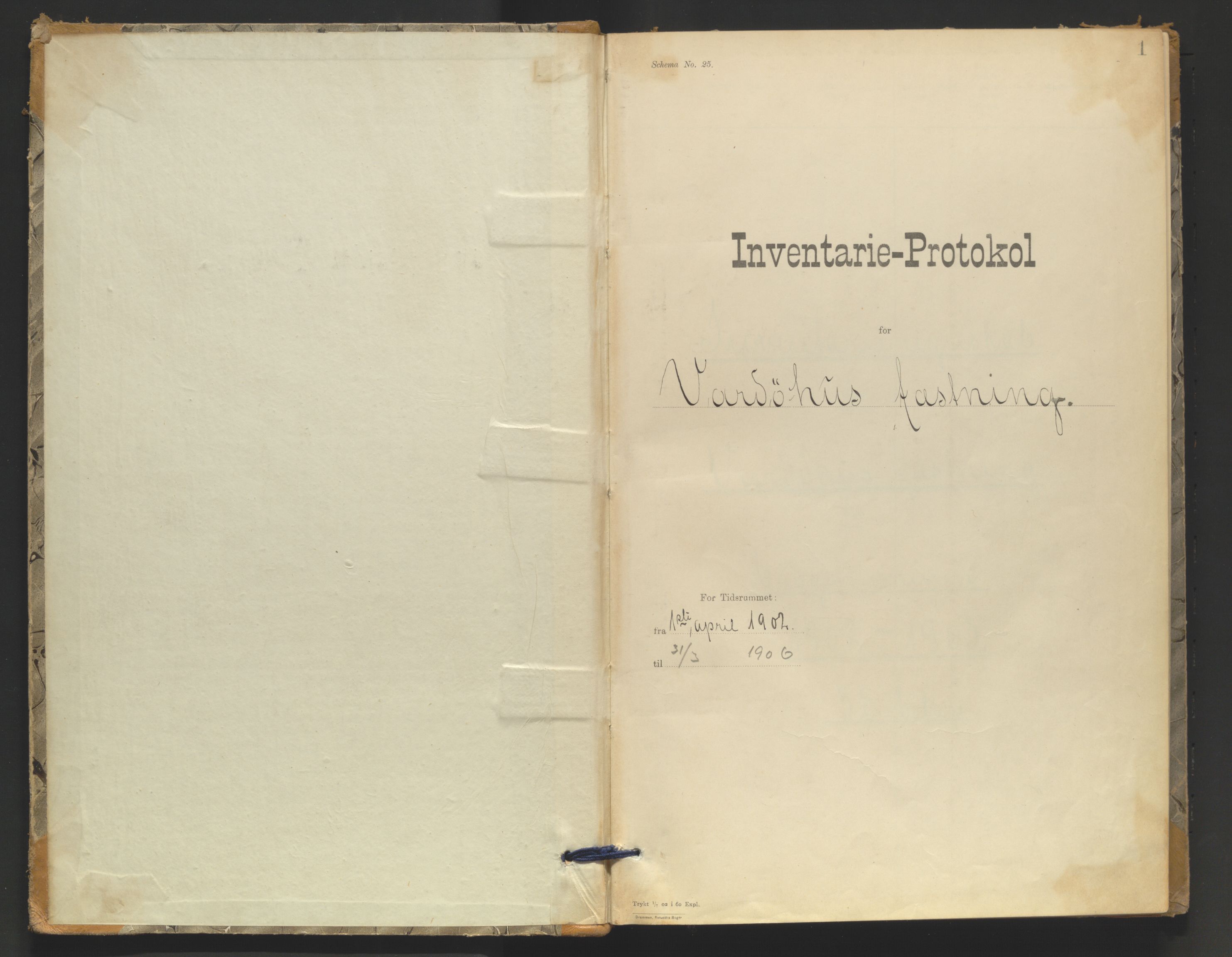 Vardøhus festning, AV/SATØ-S-0036/Rx/L0290: Inventarprotokoller og -lister (før 1891, se journalsakene, jf. besiktelser). Med register. Autorisert 09.12.1902., 1902-1906