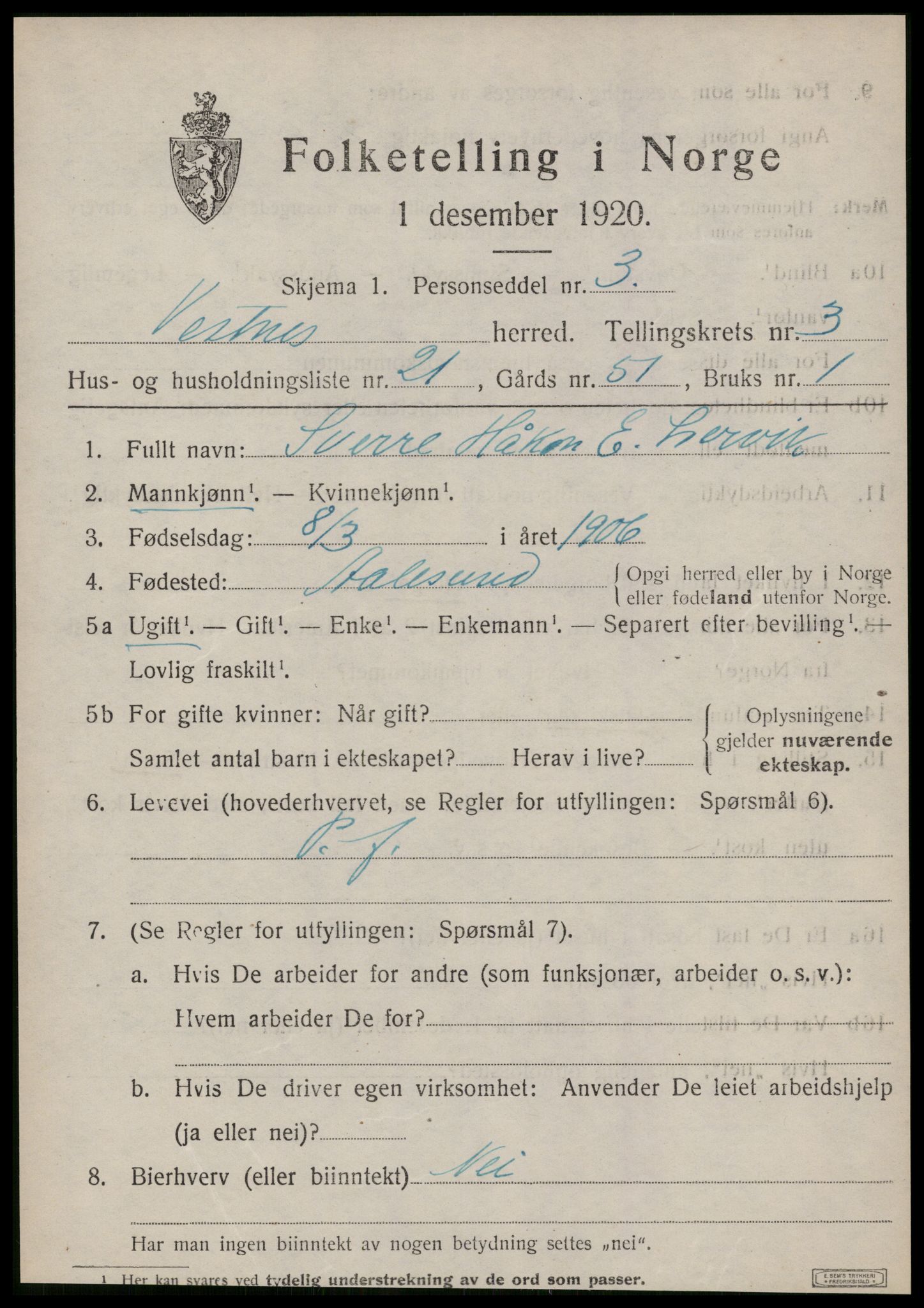 SAT, Folketelling 1920 for 1535 Vestnes herred, 1920, s. 2865