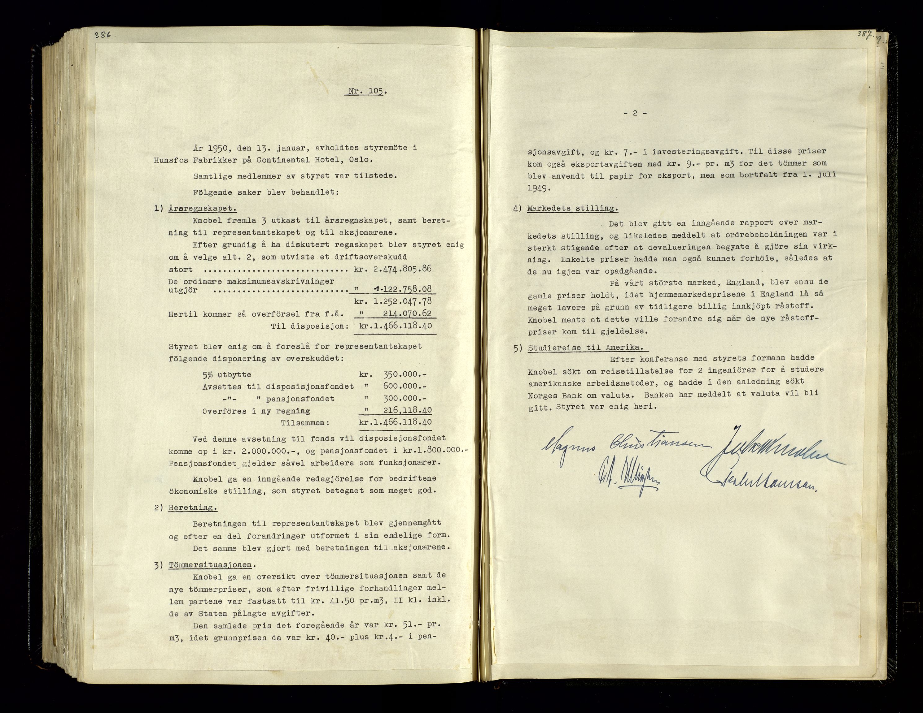 Hunsfos fabrikker, SAK/D/1440/02/L0006: Referatprotokoll fra styremøter, 1938-1950, s. 386-387