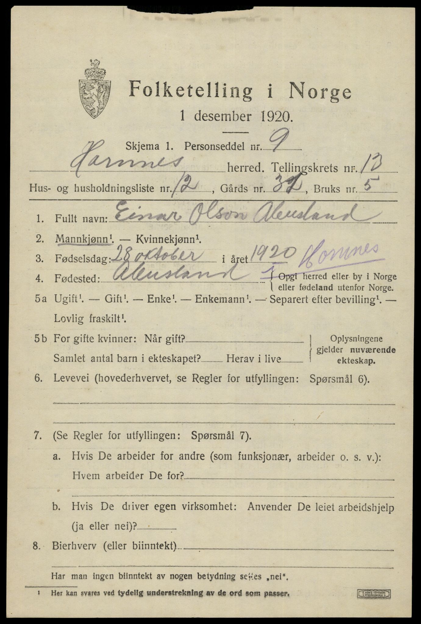 SAK, Folketelling 1920 for 0936 Hornnes herred, 1920, s. 3225