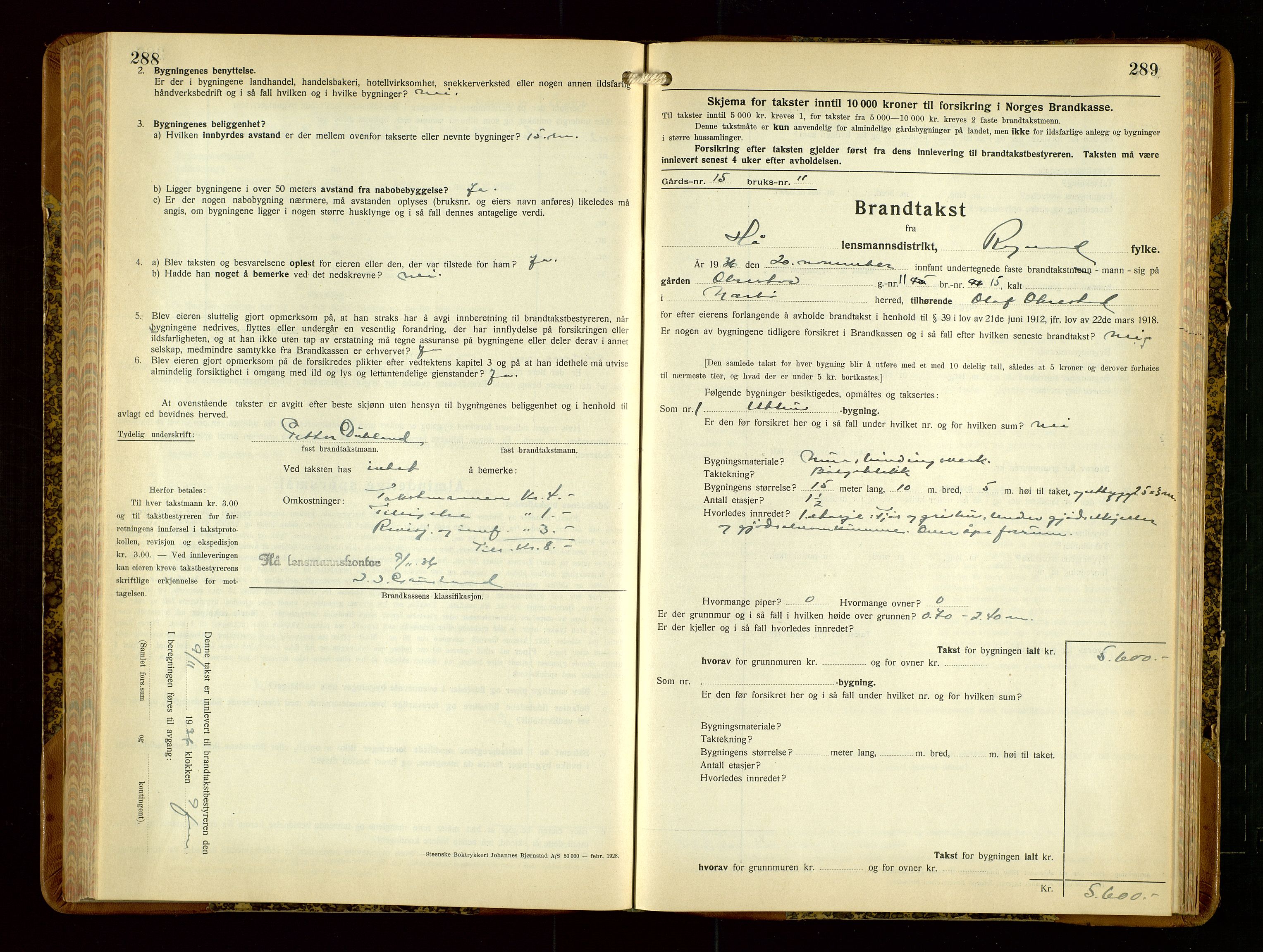 Hå lensmannskontor, AV/SAST-A-100456/Goa/L0006: Takstprotokoll (skjema), 1932-1938, s. 288-289