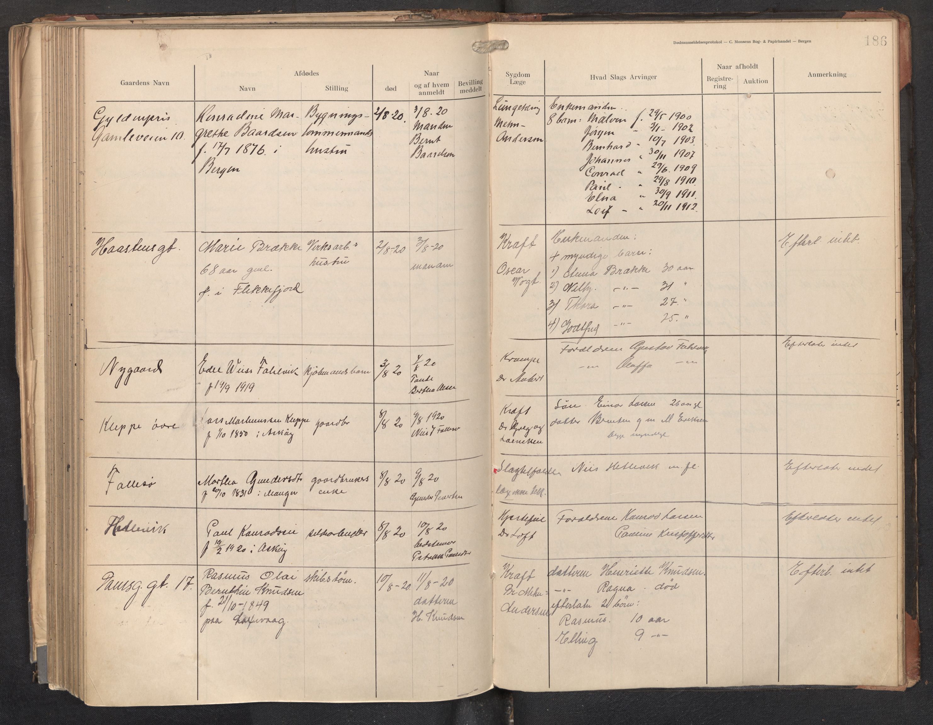 Lensmannen i Askøy, AV/SAB-A-31001/0006/L0001: Dødsfallprotokoll med register , 1907-1921, s. 186