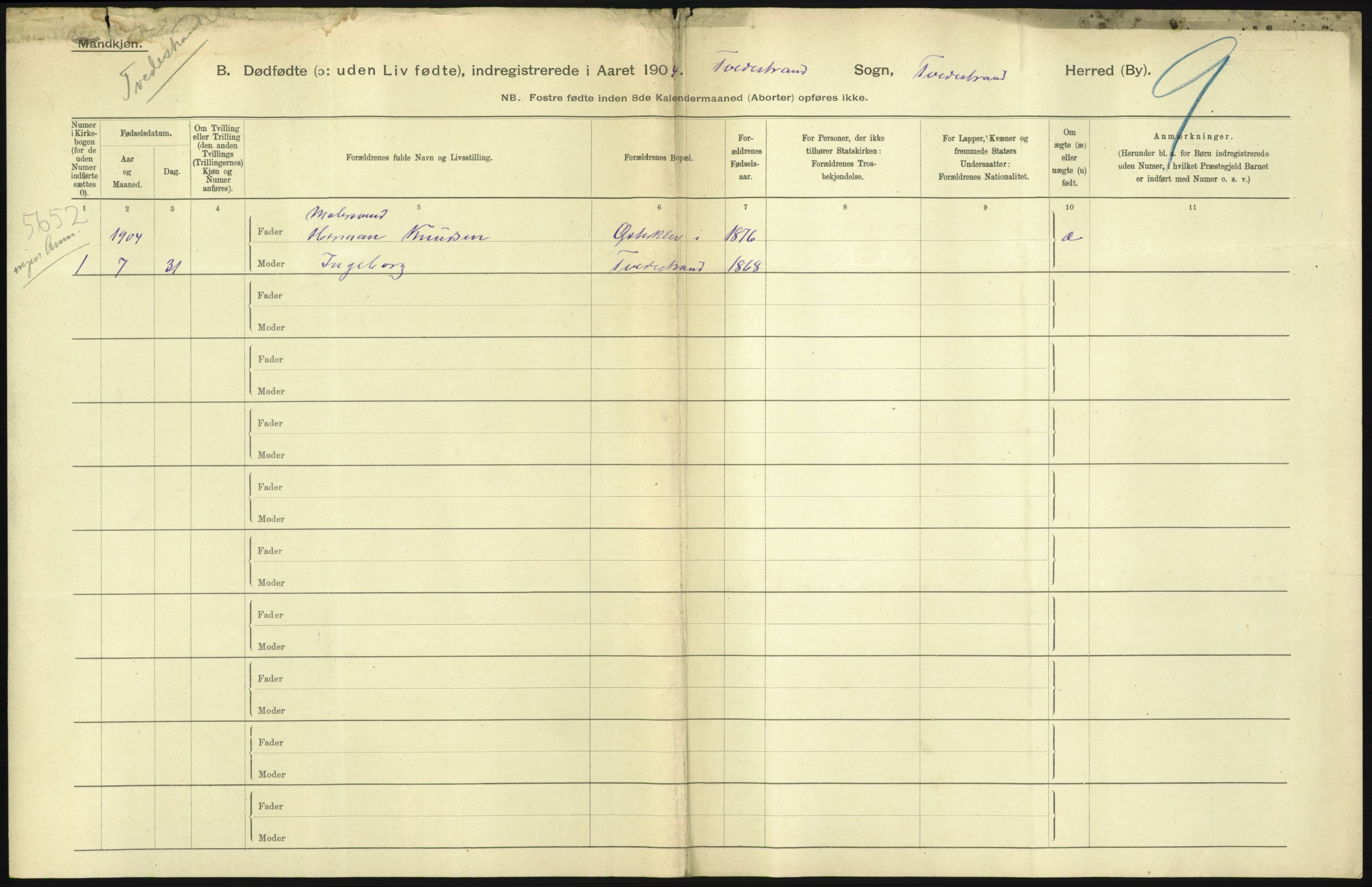 Statistisk sentralbyrå, Sosiodemografiske emner, Befolkning, RA/S-2228/D/Df/Dfa/Dfab/L0027: Smålenes amt - Finnmarkens amt: Dødfødte. Byer, 1904, s. 145