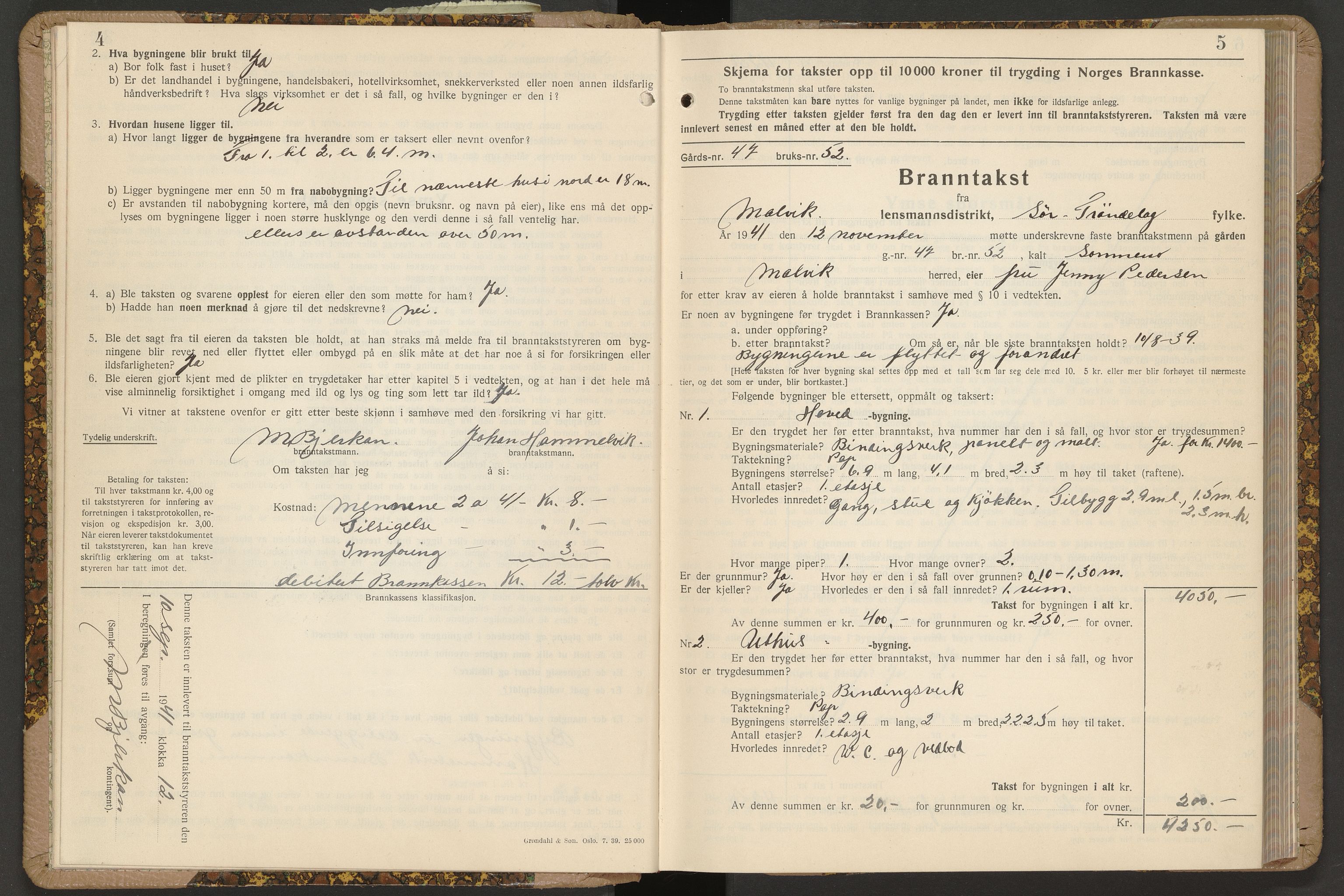 Norges Brannkasse Malvik, AV/SAT-A-1289/Fb/L0002: Branntakstprotokoll, 1941-1955, s. 4-5