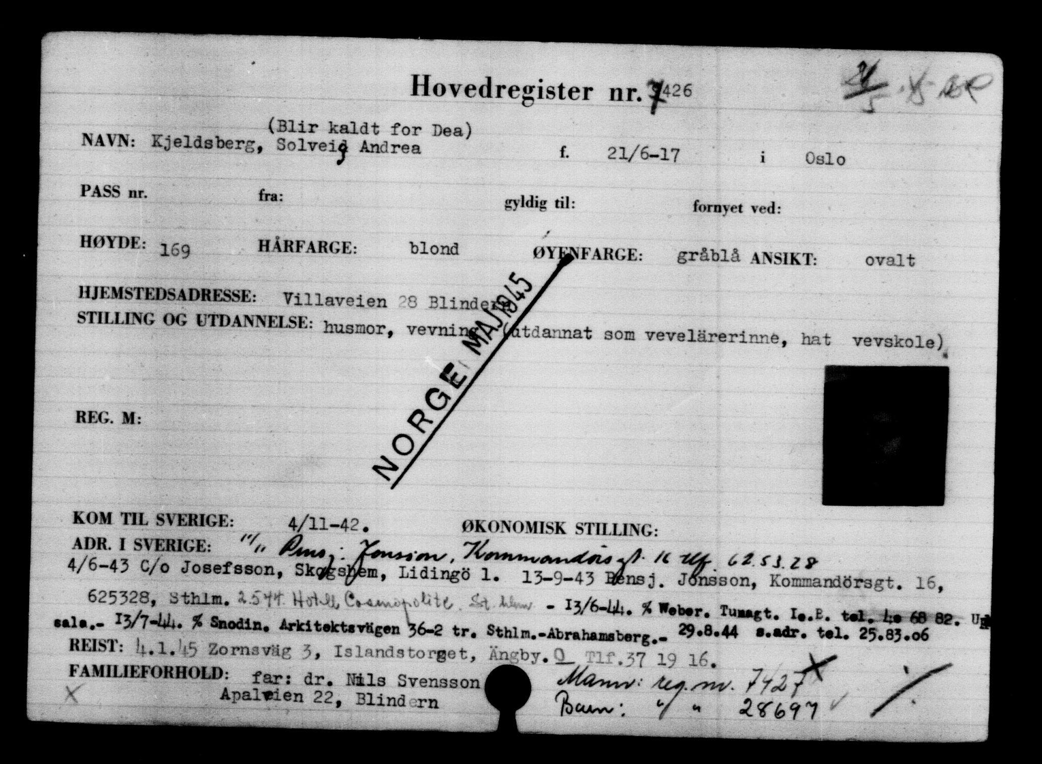 Utenriksstasjonene, Legasjonen i Stockholm, Flyktningkontoret, AV/RA-S-6753/V/Va/L0005: Kjesäterkartoteket, flyktning nr. 6600-9417, 1940-1945, s. 968