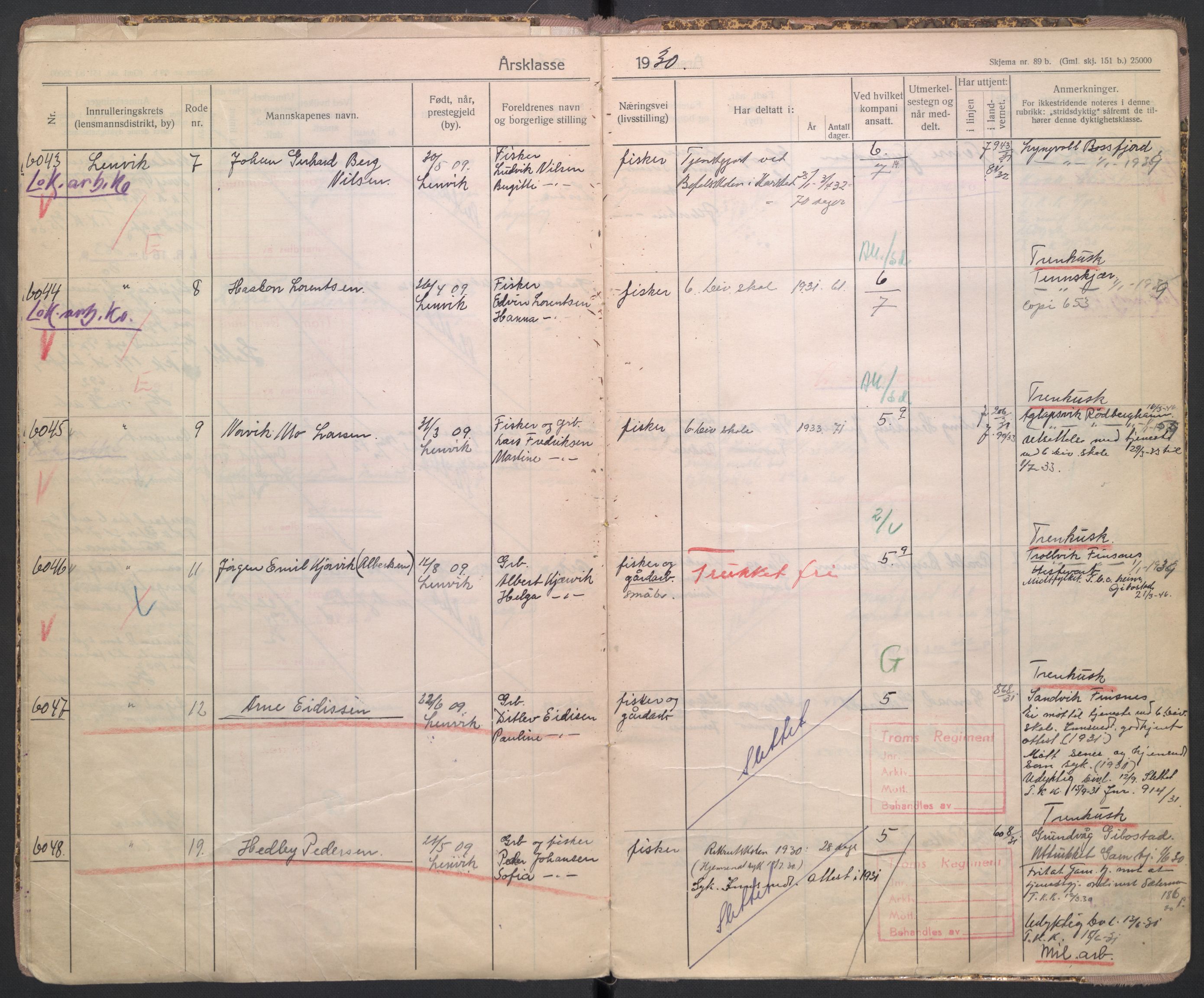 Forsvaret, Troms infanteriregiment nr. 16, AV/RA-RAFA-3146/P/Pa/L0005/0004: Ruller / Rulle for regimentets ikke-stridende menige mannskaper, årsklasse 1930, 1930