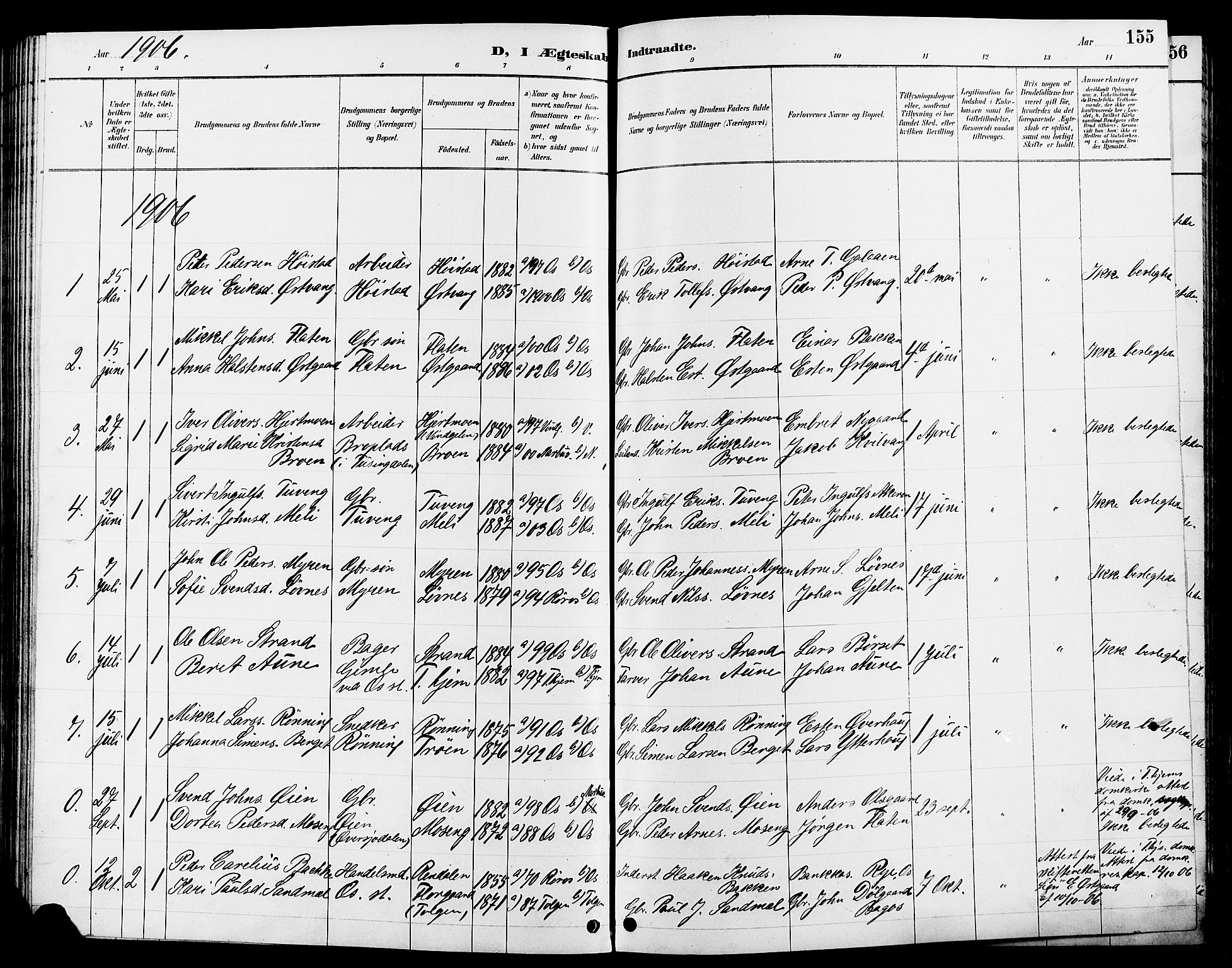 Tolga prestekontor, AV/SAH-PREST-062/L/L0008: Klokkerbok nr. 8, 1887-1912, s. 155