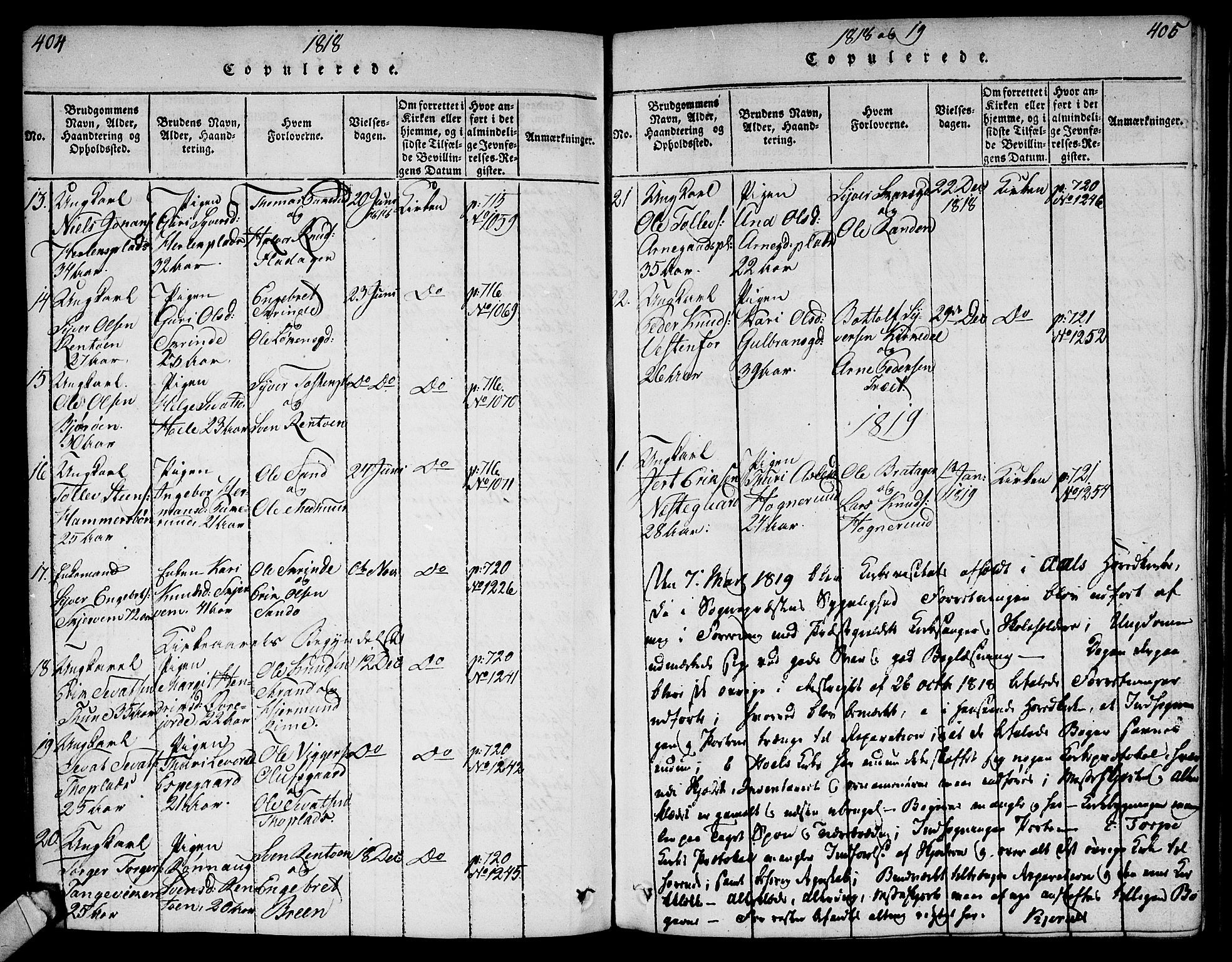 Ål kirkebøker, AV/SAKO-A-249/G/Ga/L0001: Klokkerbok nr. 1, 1815-1829, s. 404-405