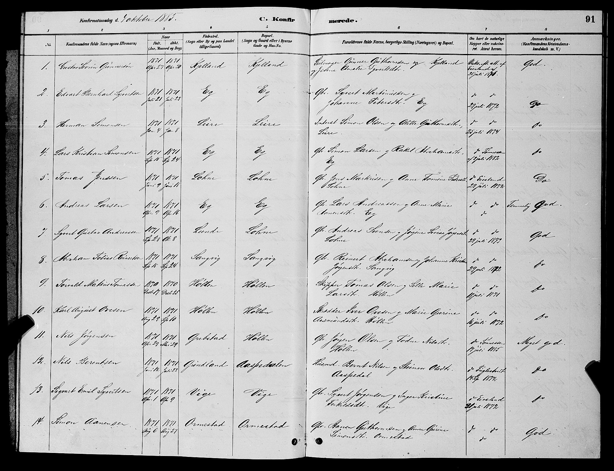 Søgne sokneprestkontor, AV/SAK-1111-0037/F/Fb/Fbb/L0005: Klokkerbok nr. B 5, 1884-1891, s. 91
