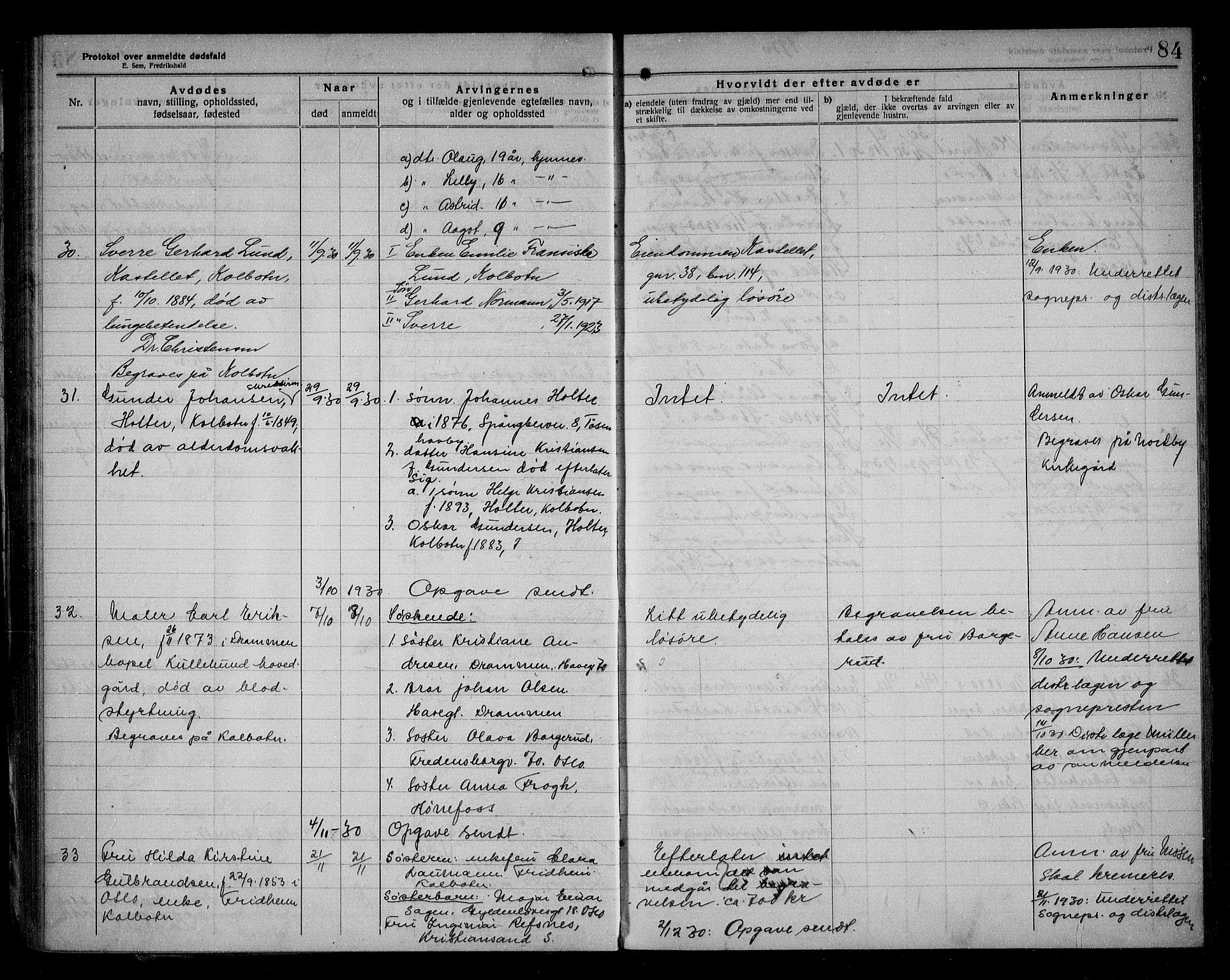Oppegård lensmannskontor, AV/SAO-A-10186/H/Ha/L0001: Dødsfallsprotokoll, 1922-1936, s. 84