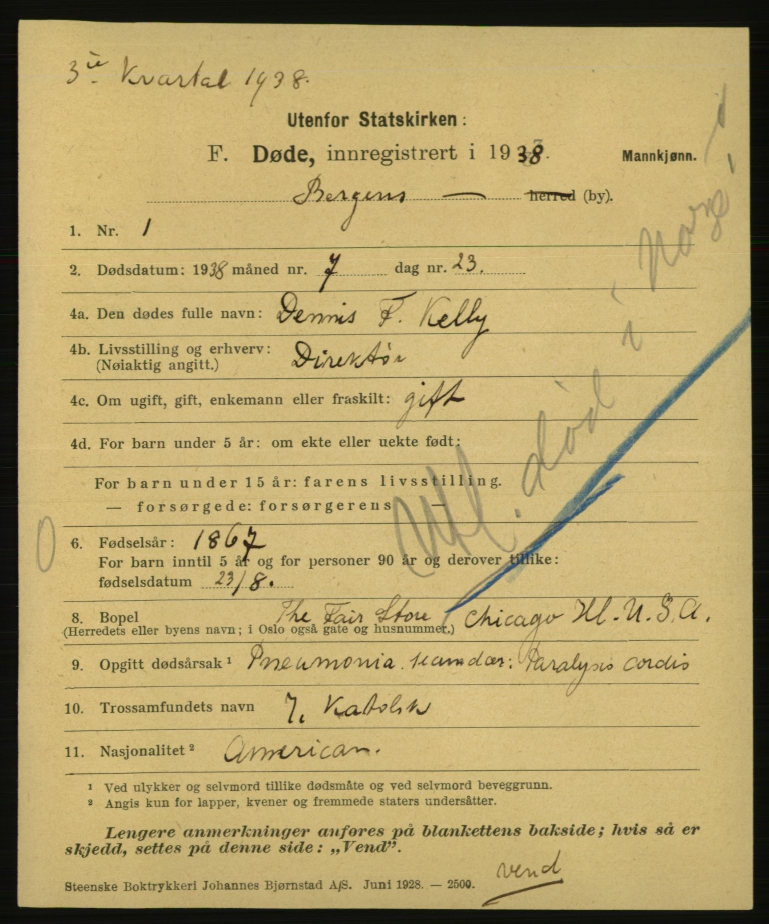 Statistisk sentralbyrå, Sosiodemografiske emner, Befolkning, AV/RA-S-2228/E/L0036: Fødte, gifte, døde dissentere., 1938, s. 3561