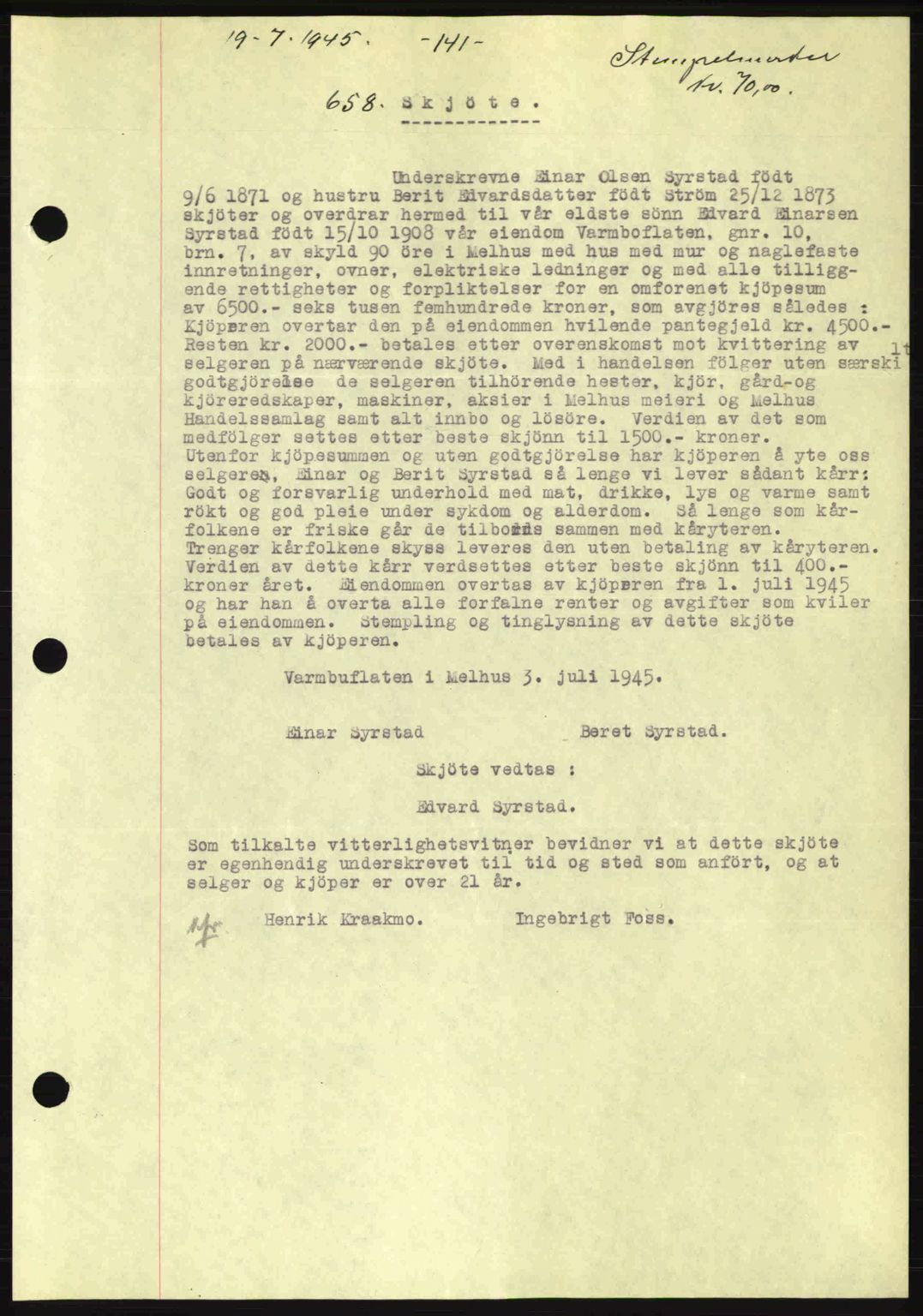 Gauldal sorenskriveri, SAT/A-0014/1/2/2C: Pantebok nr. A1a, 1945-1945, Dagboknr: 658/1945