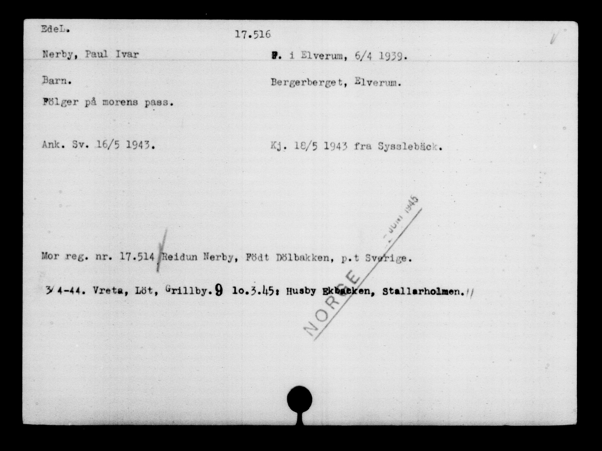 Utenriksstasjonene, Legasjonen i Stockholm, Flyktningkontoret, AV/RA-S-6753/V/Va/L0008: Kjesäterkartoteket, flyktninger med registreringsnr. 15700-18547, 1940-1945, s. 2007