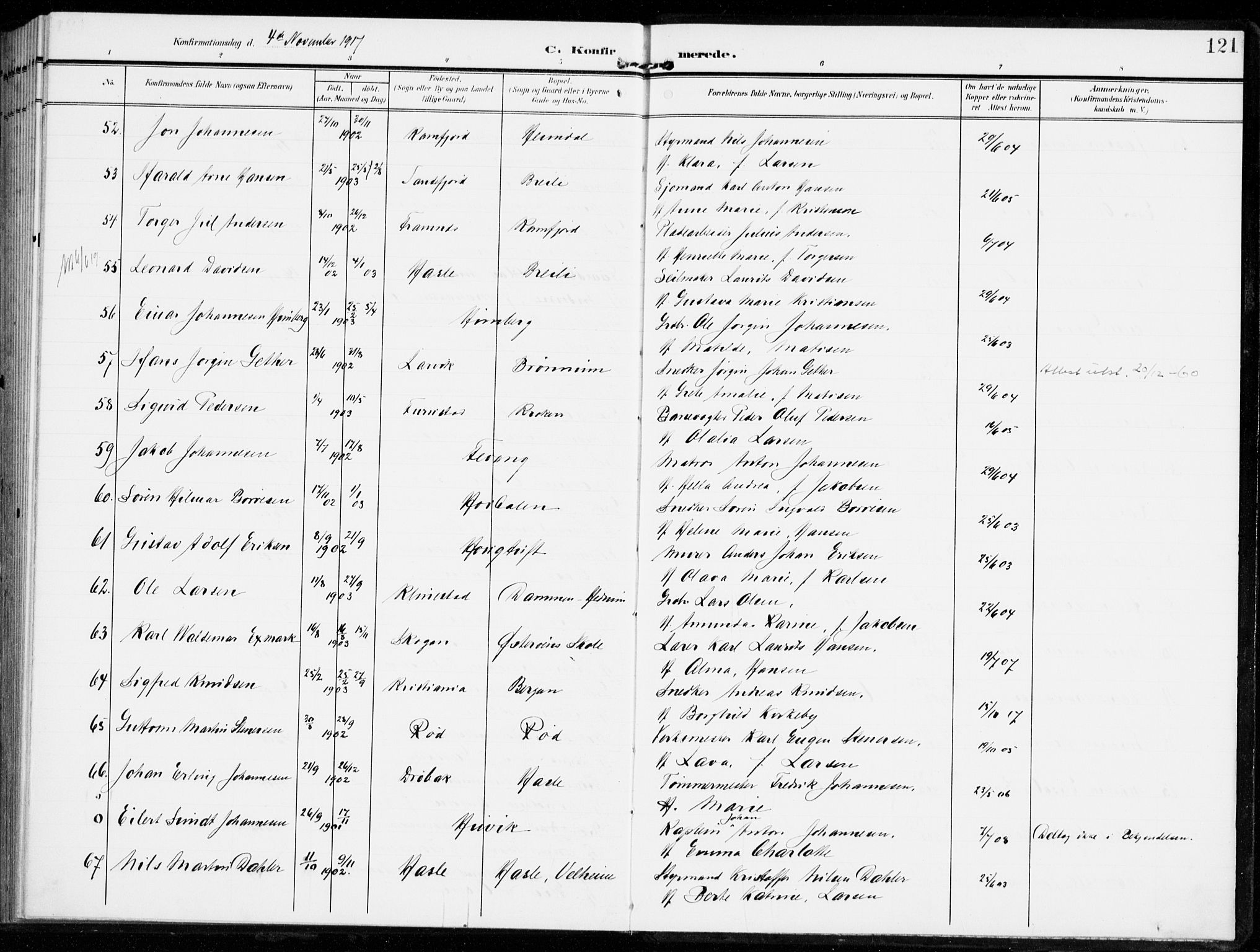 Sandar kirkebøker, AV/SAKO-A-243/F/Fa/L0017: Ministerialbok nr. 17, 1907-1917, s. 121