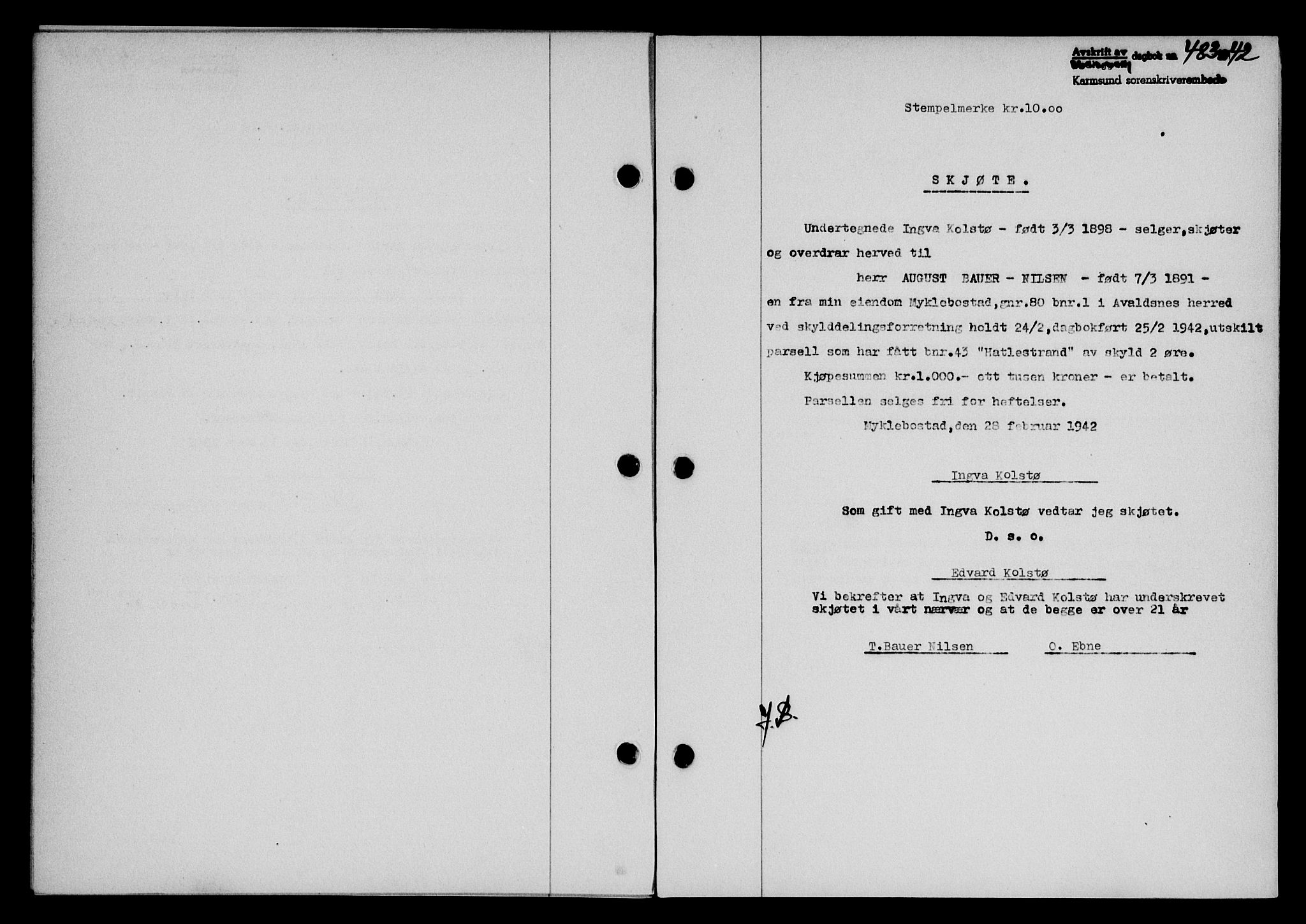 Karmsund sorenskriveri, SAST/A-100311/01/II/IIB/L0077: Pantebok nr. 58A, 1942-1942, Dagboknr: 483/1942