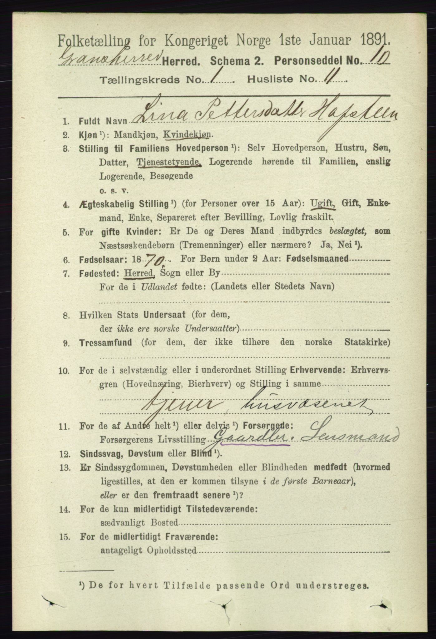 RA, Folketelling 1891 for 0824 Gransherad herred, 1891, s. 122