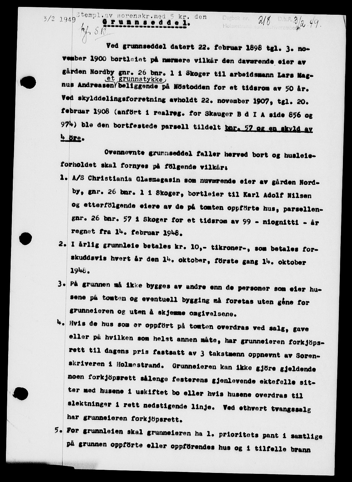 Holmestrand sorenskriveri, SAKO/A-67/G/Ga/Gaa/L0065: Pantebok nr. A-65, 1948-1949, Dagboknr: 218/1949
