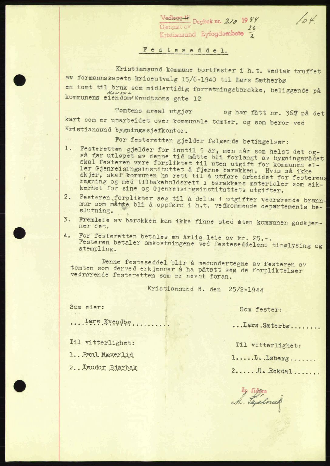 Kristiansund byfogd, AV/SAT-A-4587/A/27: Pantebok nr. 37-38, 1943-1945, Dagboknr: 210/1944