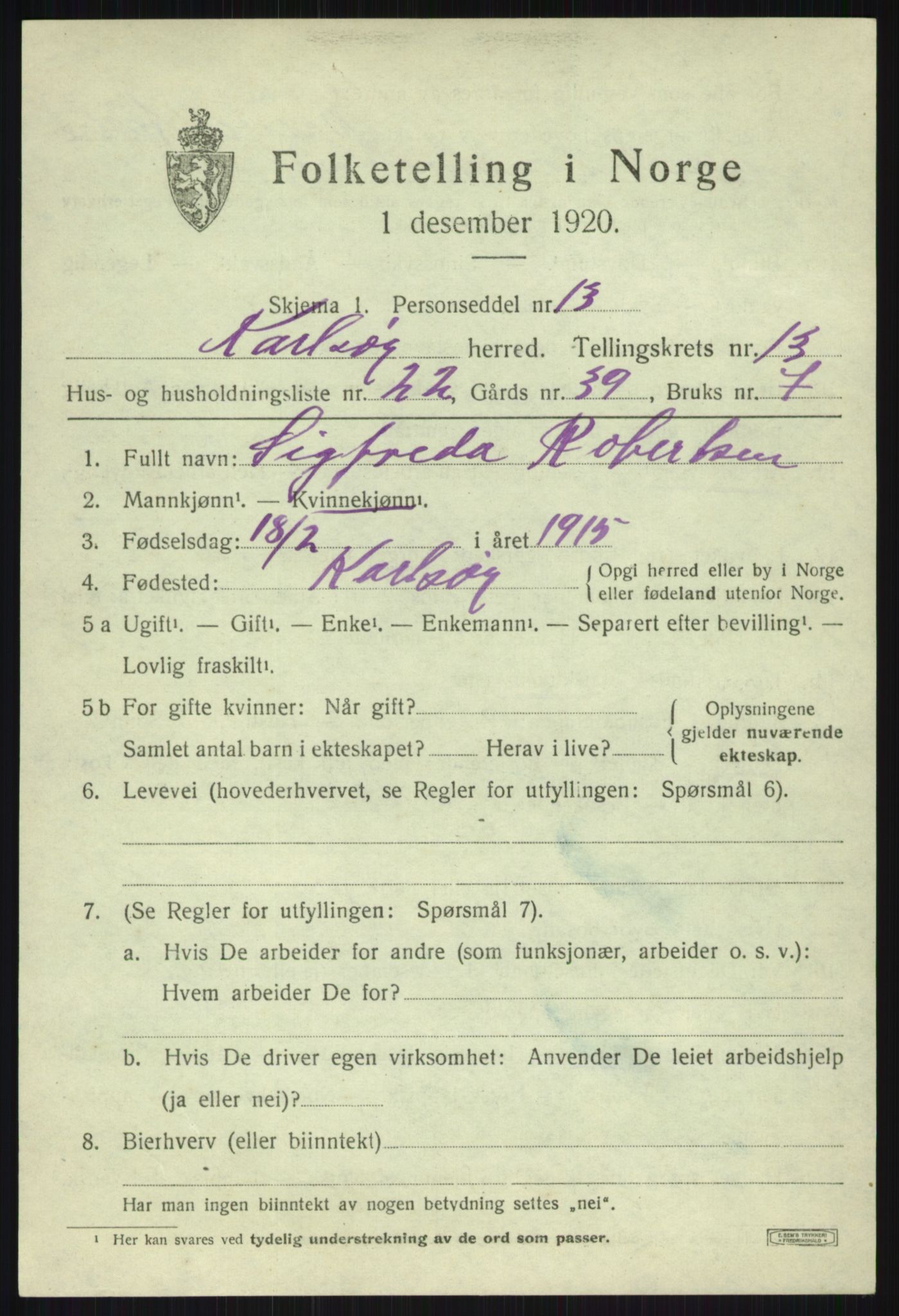 SATØ, Folketelling 1920 for 1936 Karlsøy herred, 1920, s. 4908