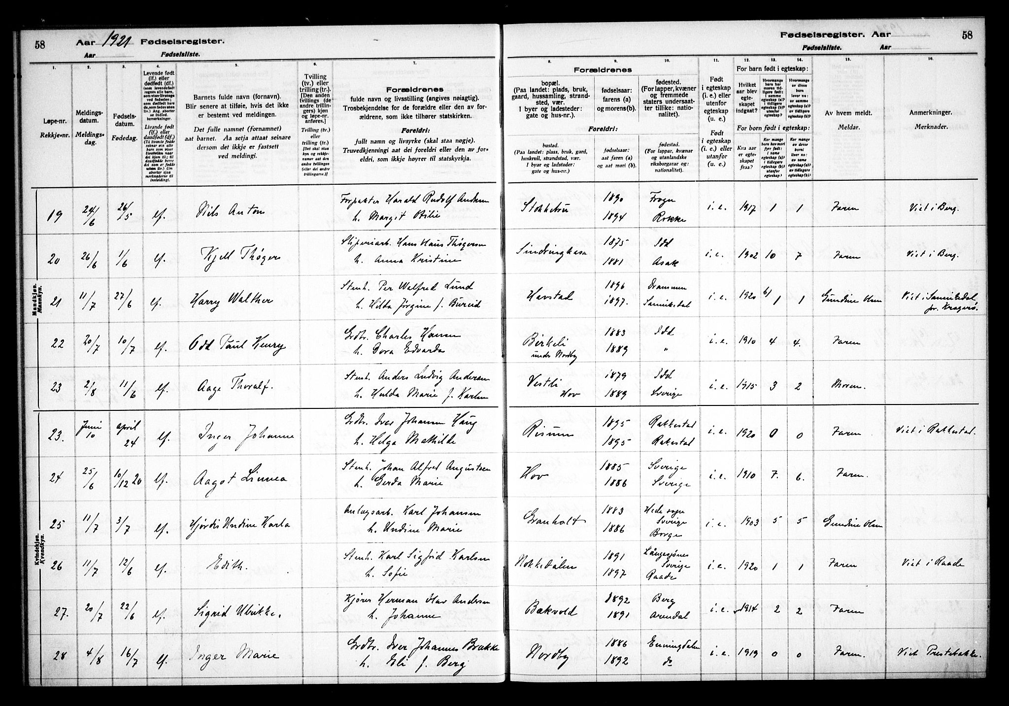 Idd prestekontor Kirkebøker, AV/SAO-A-10911/J/Ja/L0001: Fødselsregister nr. I 1, 1916-1937, s. 58