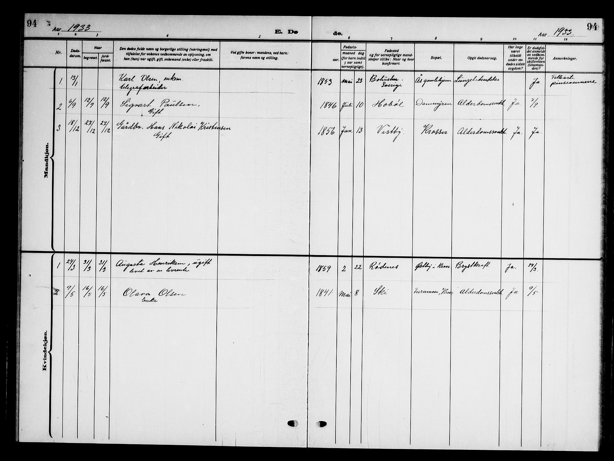Ås prestekontor Kirkebøker, AV/SAO-A-10894/G/Gc/L0002: Klokkerbok nr. III 2, 1925-1951, s. 94