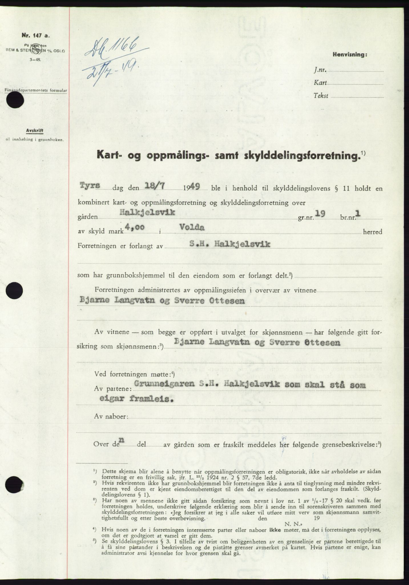 Søre Sunnmøre sorenskriveri, SAT/A-4122/1/2/2C/L0084: Pantebok nr. 10A, 1949-1949, Dagboknr: 1166/1949