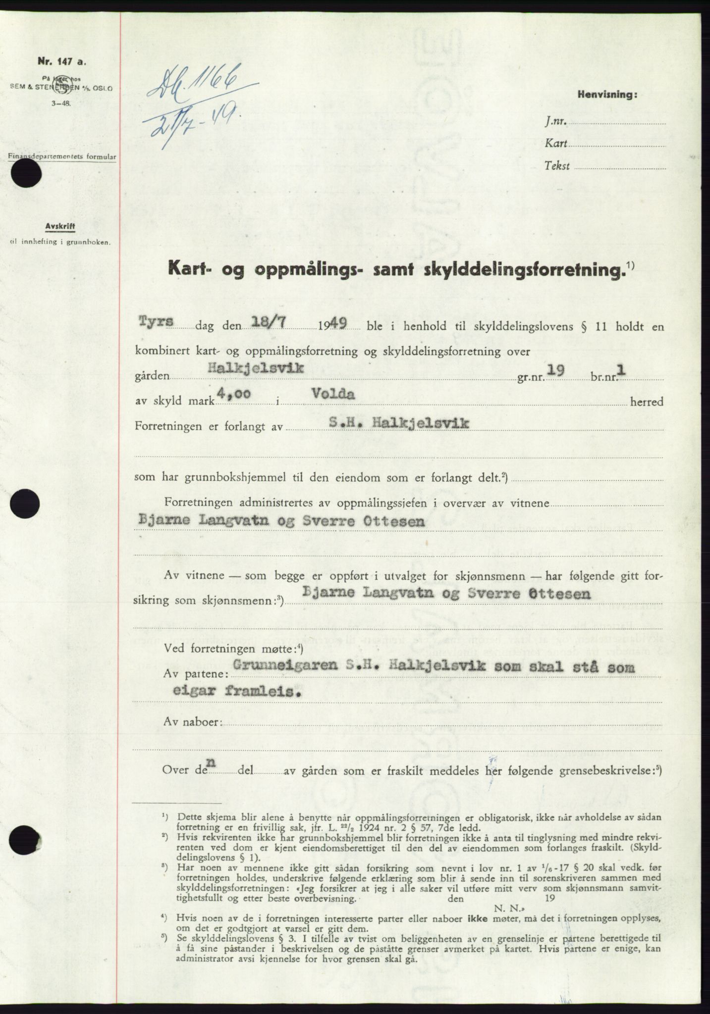 Søre Sunnmøre sorenskriveri, AV/SAT-A-4122/1/2/2C/L0084: Pantebok nr. 10A, 1949-1949, Dagboknr: 1166/1949