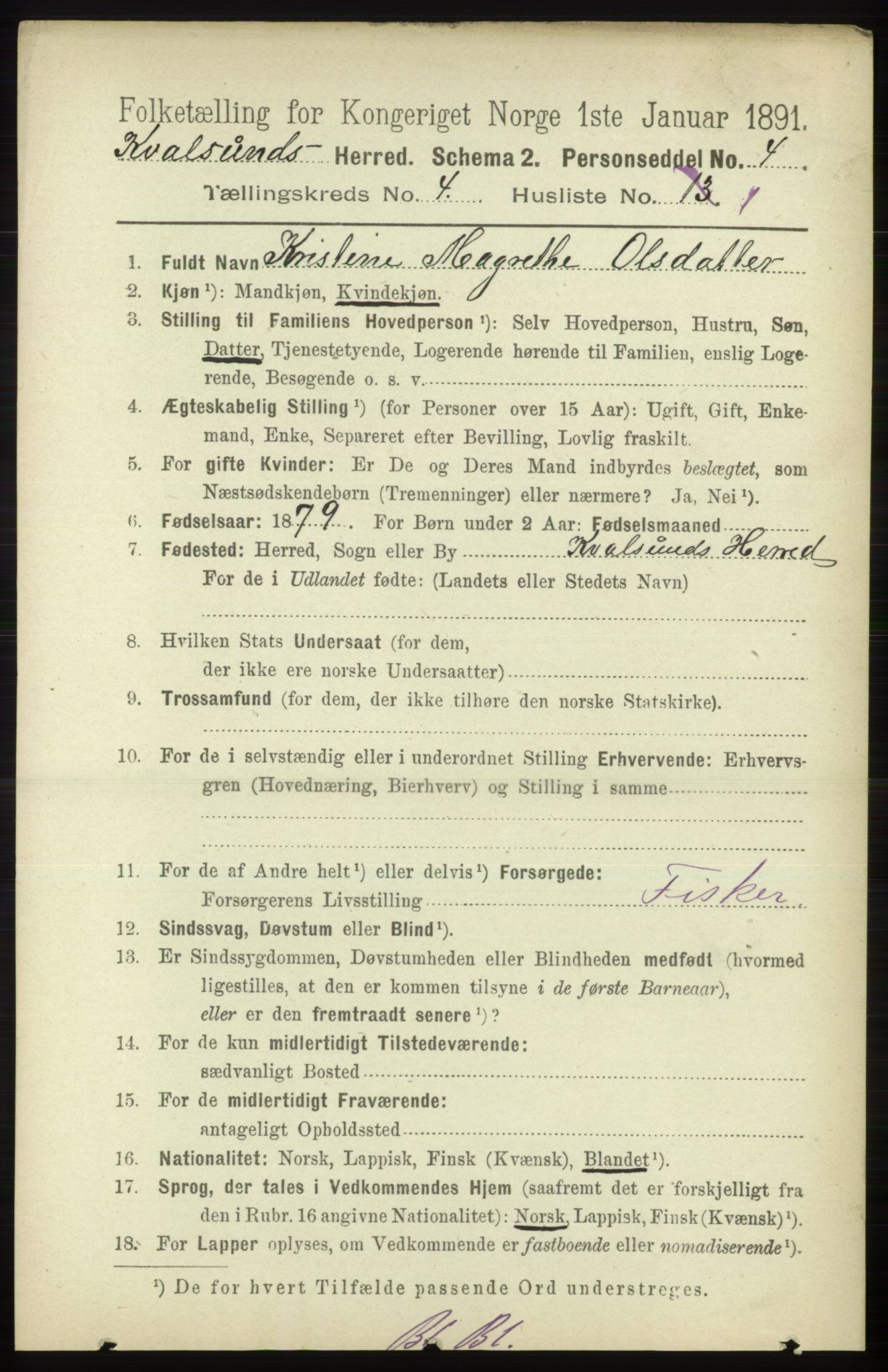 RA, Folketelling 1891 for 2017 Kvalsund herred, 1891, s. 187