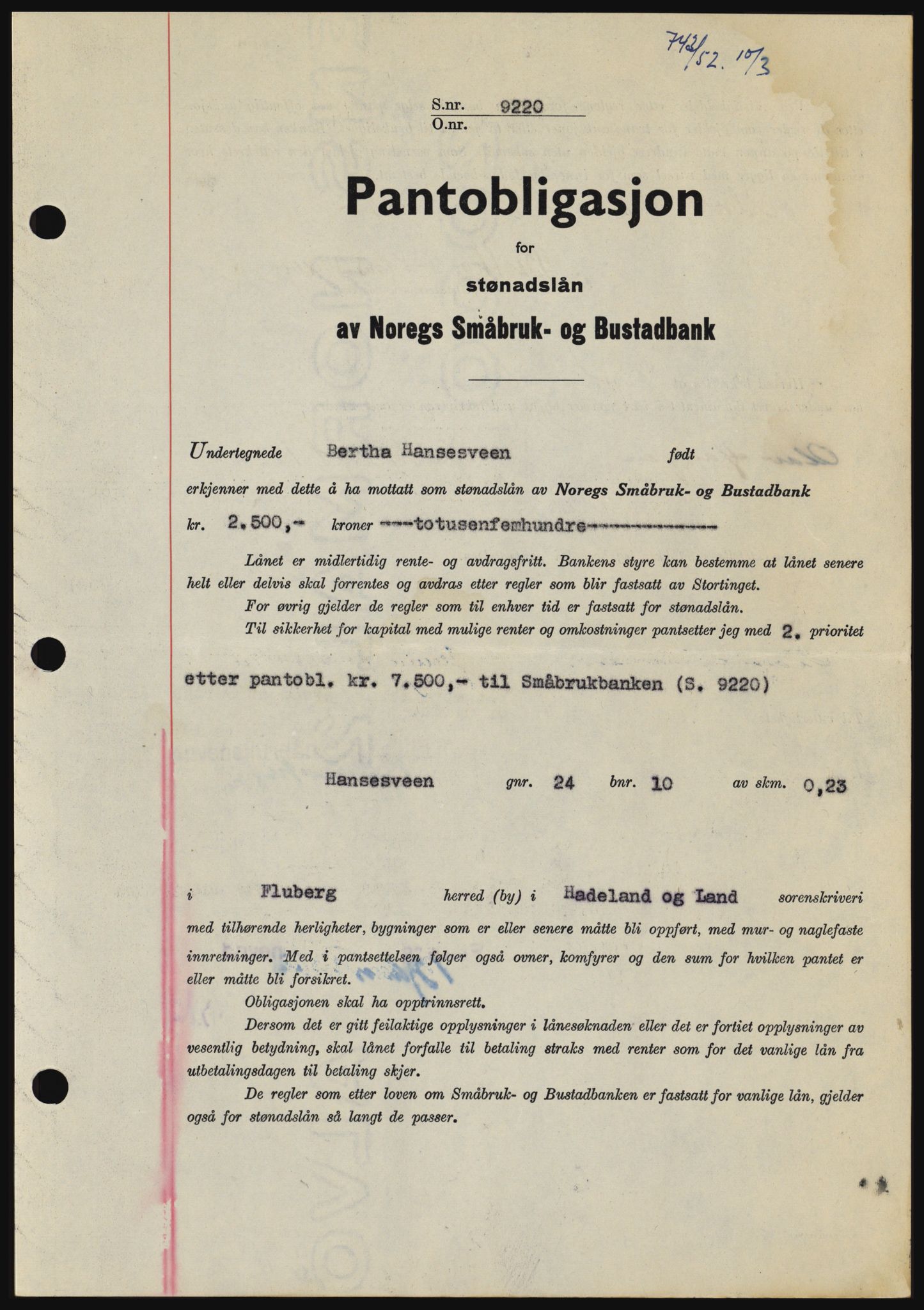 Hadeland og Land tingrett, SAH/TING-010/H/Hb/Hbc/L0023: Pantebok nr. B23, 1952-1952, Dagboknr: 743/1952
