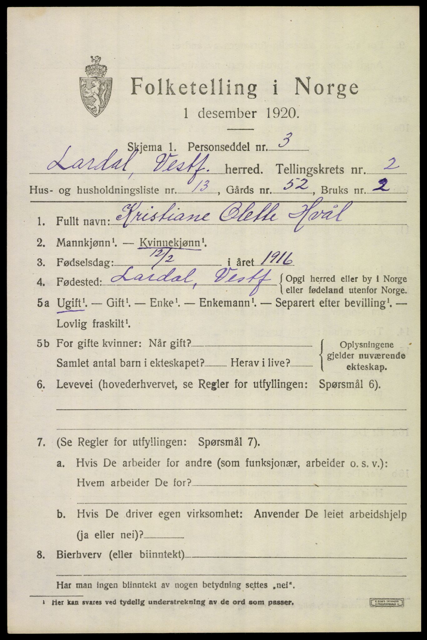 SAKO, Folketelling 1920 for 0728 Lardal herred, 1920, s. 2125