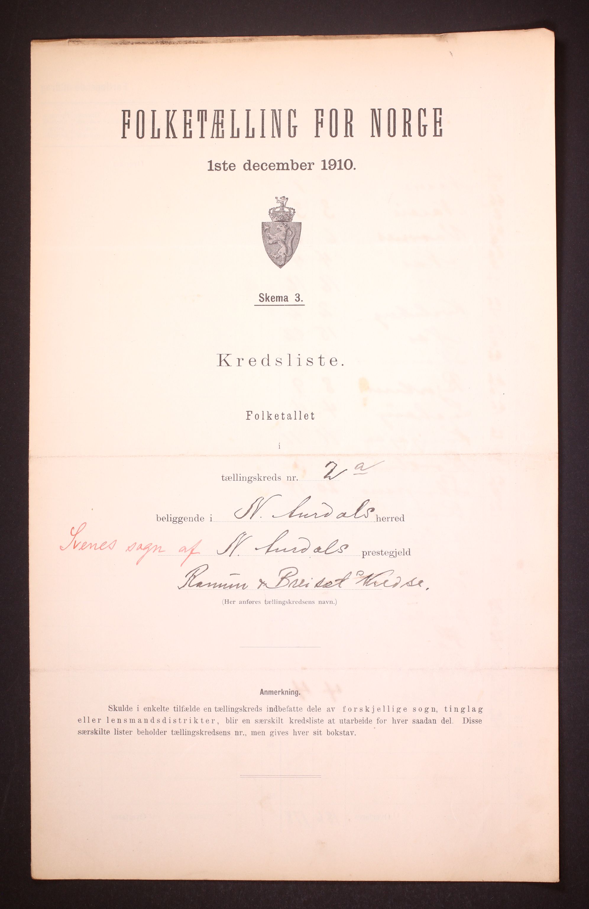 RA, Folketelling 1910 for 0542 Nord-Aurdal herred, 1910, s. 9