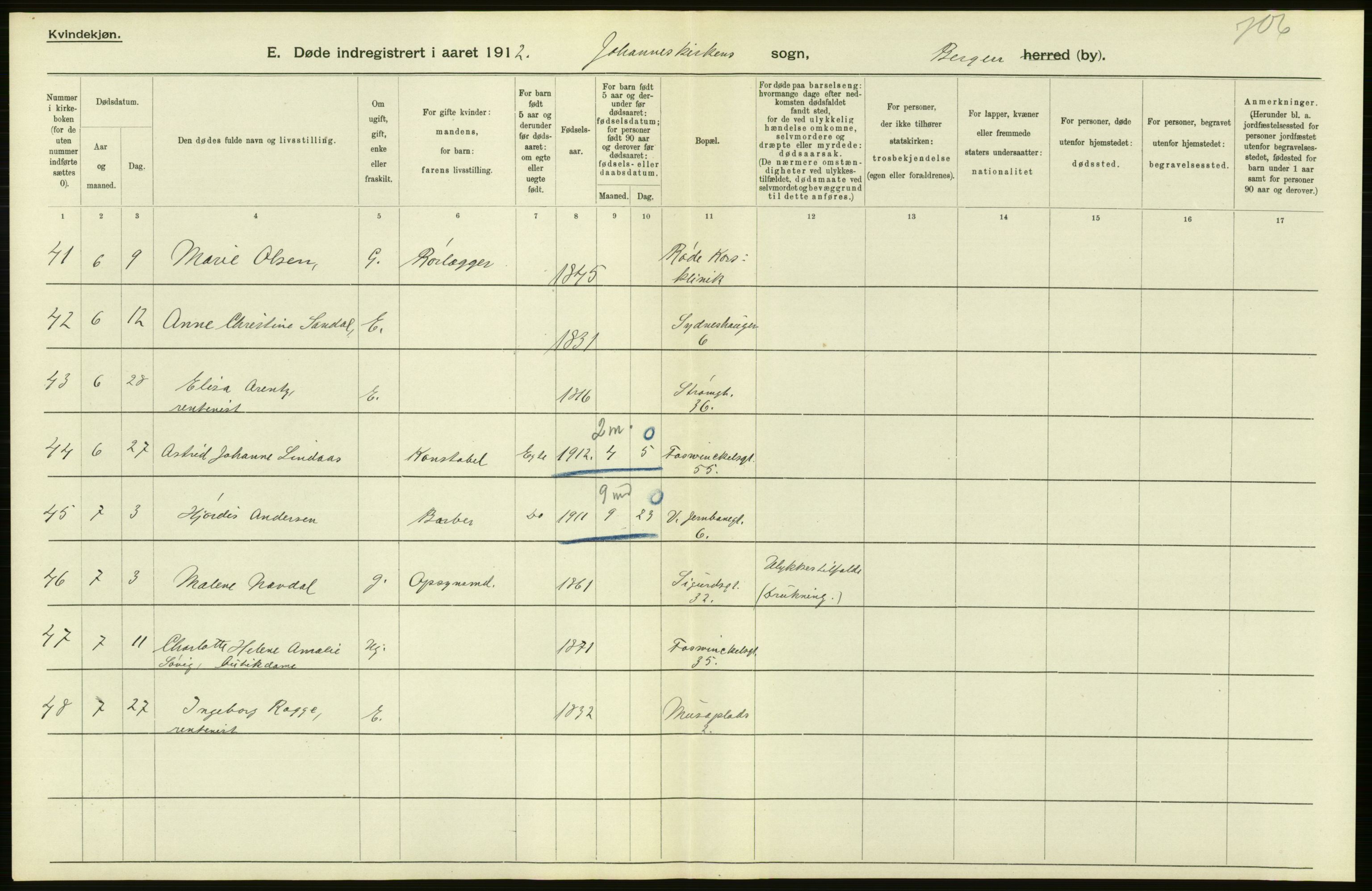 Statistisk sentralbyrå, Sosiodemografiske emner, Befolkning, AV/RA-S-2228/D/Df/Dfb/Dfbb/L0033: Bergen: Gifte, døde, dødfødte., 1912, s. 54