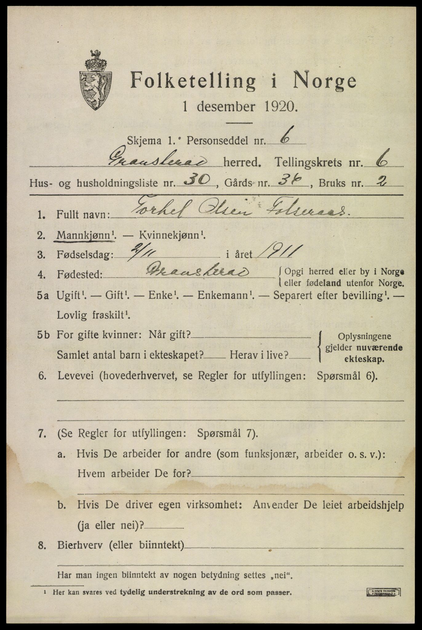 SAKO, Folketelling 1920 for 0824 Gransherad herred, 1920, s. 2688