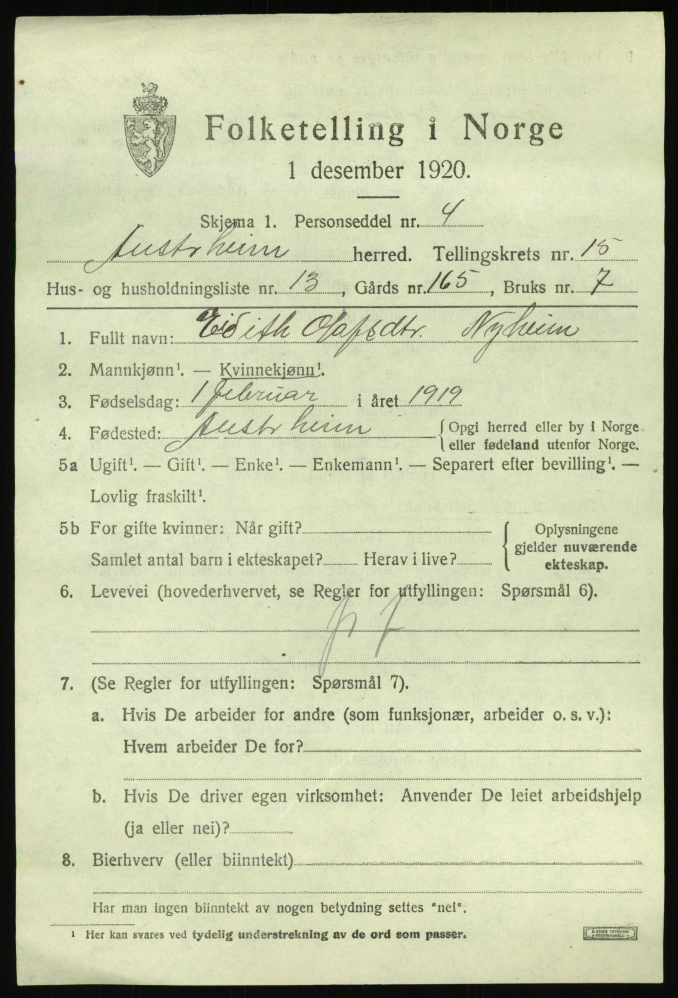 SAB, Folketelling 1920 for 1264 Austrheim herred, 1920, s. 5096