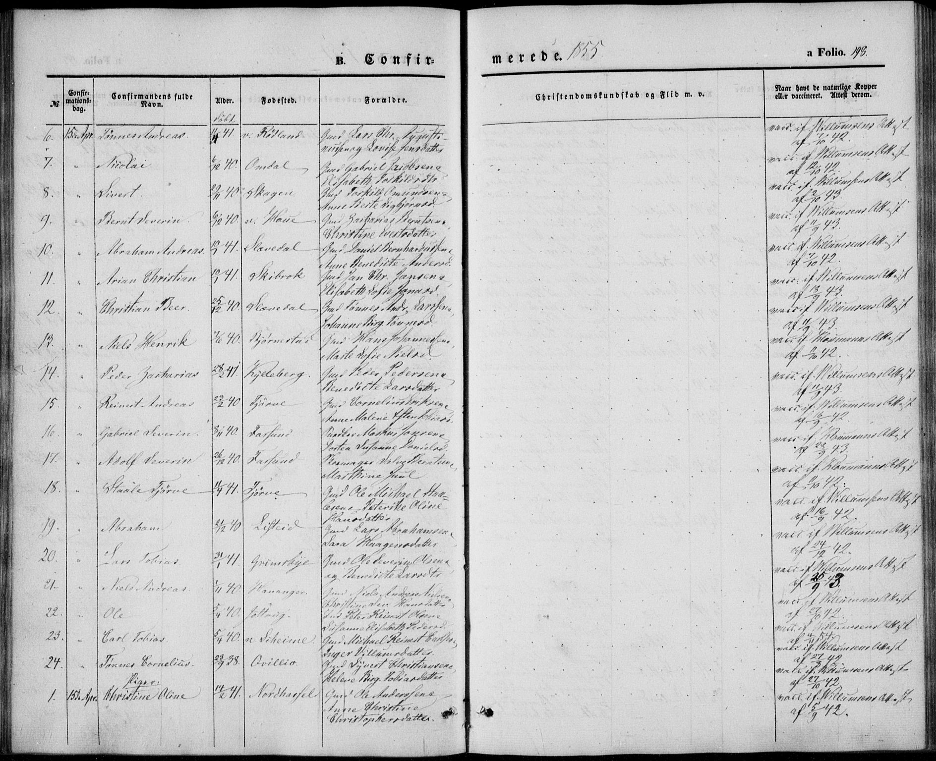 Lista sokneprestkontor, AV/SAK-1111-0027/F/Fb/L0002: Klokkerbok nr. B 2, 1847-1862, s. 198