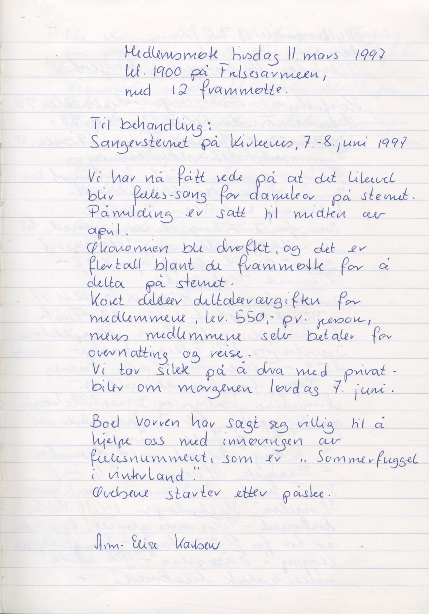 Vadsø damekor, FMFB/A-1049/A/Ab/L0006: Møtebok for medlemsmøter, 1995-2001