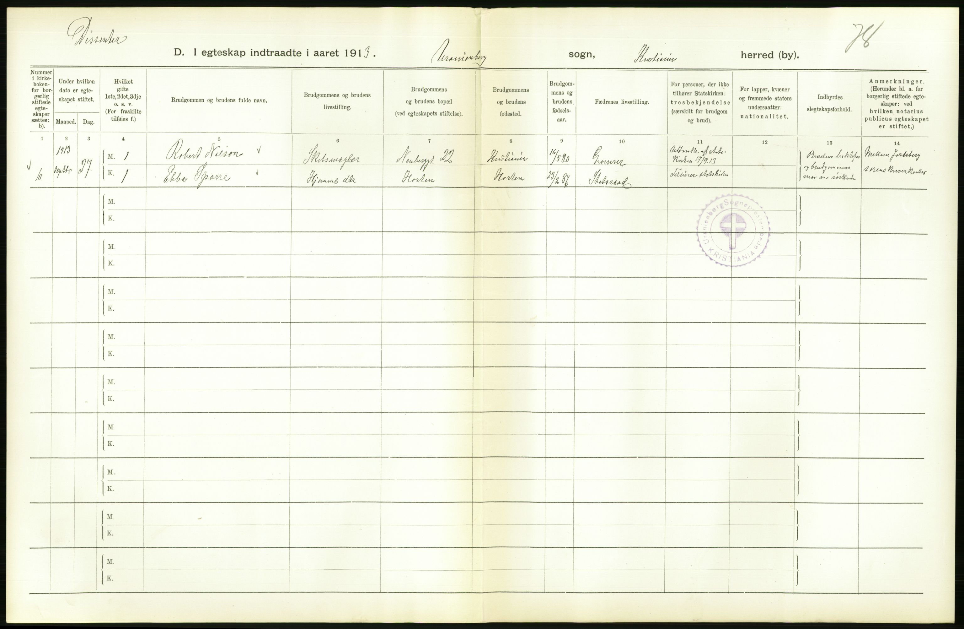 Statistisk sentralbyrå, Sosiodemografiske emner, Befolkning, RA/S-2228/D/Df/Dfb/Dfbc/L0008: Kristiania: Gifte., 1913, s. 584