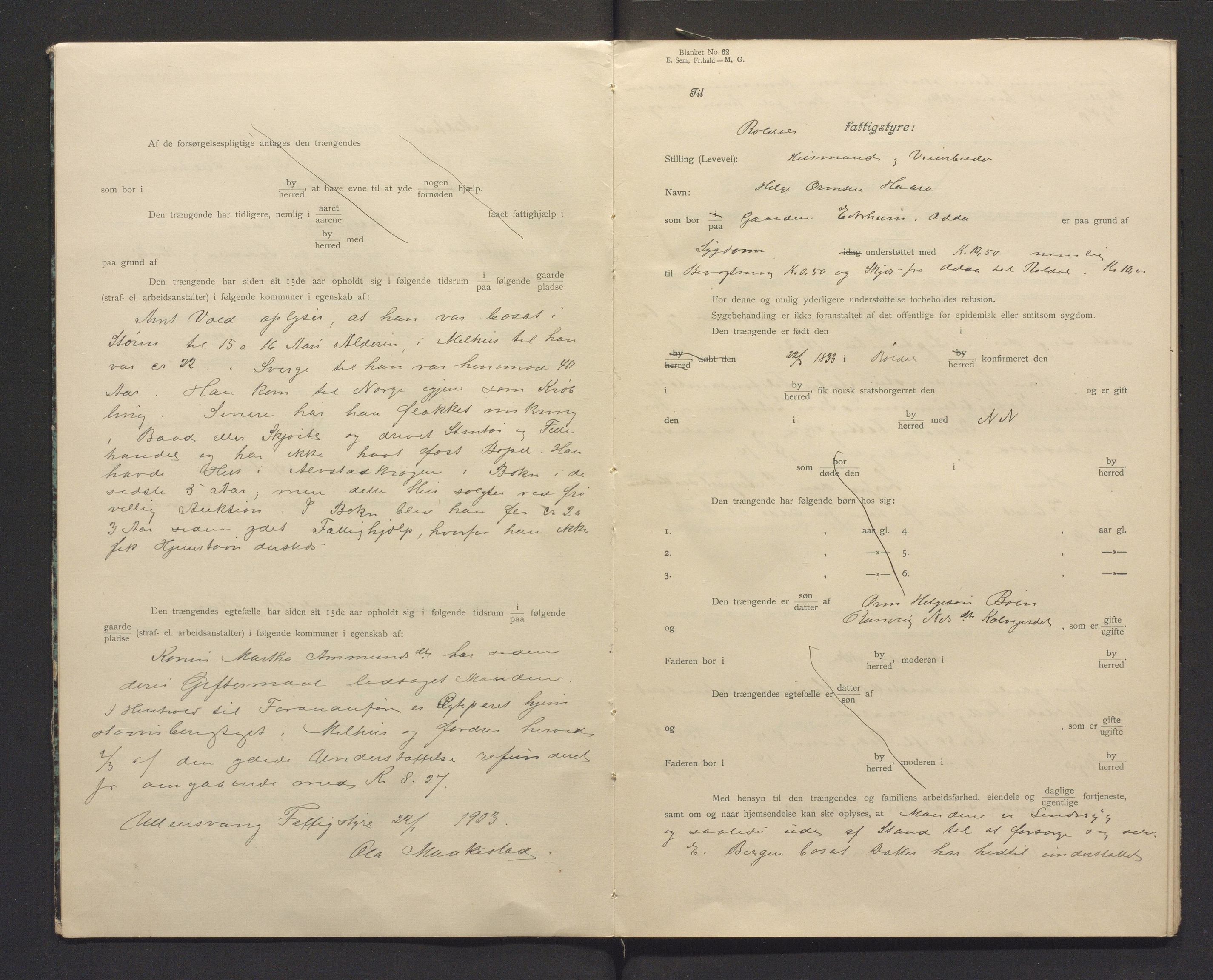 Ullensvang herad. Fattigkommisjonen, IKAH/1231b-311/I/Ia/L0001: Protokoll over heimstavnsforklaringar, 1903-1913