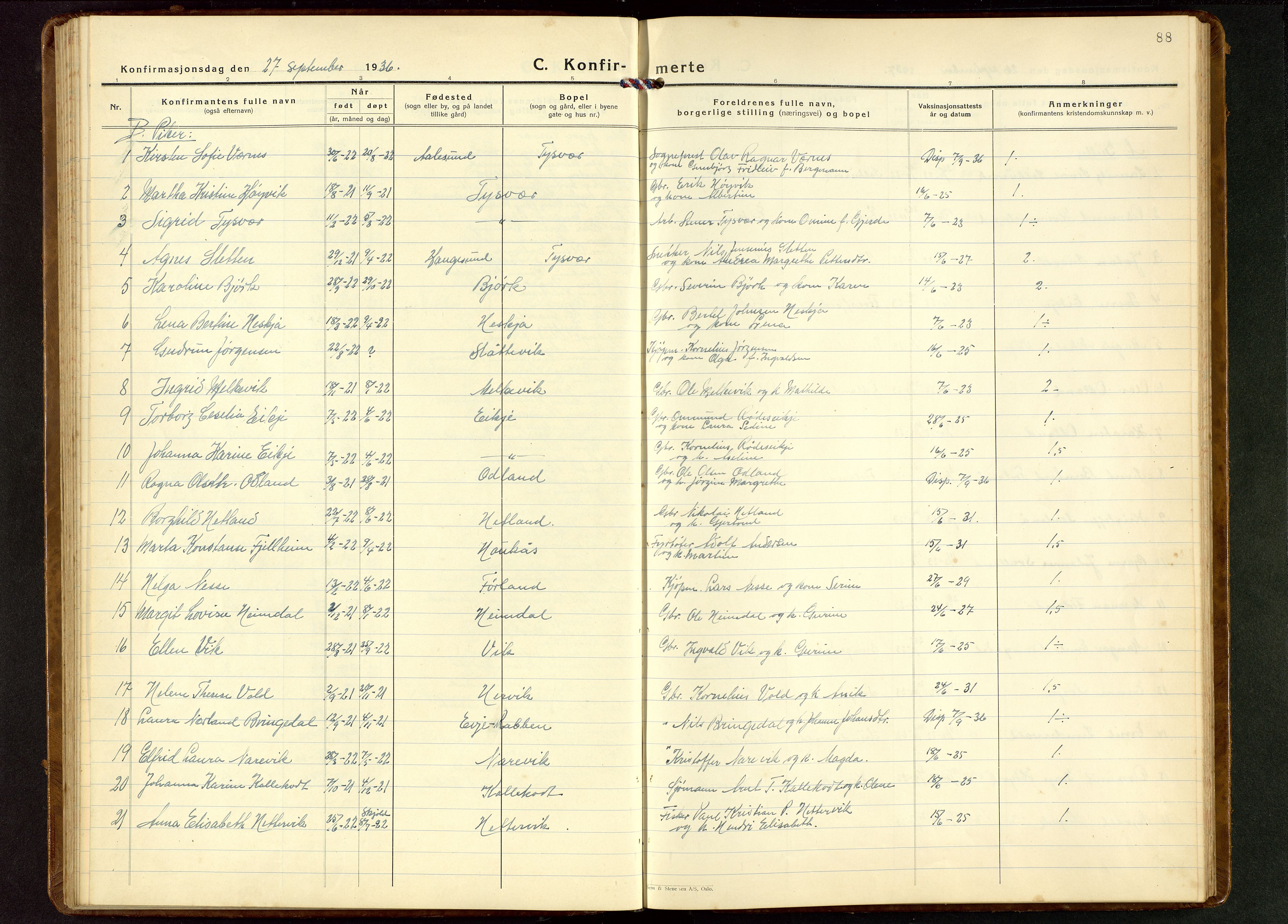 Tysvær sokneprestkontor, AV/SAST-A -101864/H/Ha/Hab/L0006: Klokkerbok nr. B 6, 1932-1946, s. 88